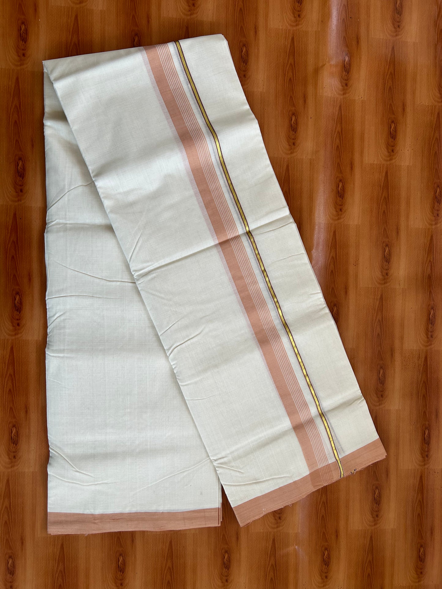 25% Discount ! KaithariKada Handloom Unakkupaav - Kerala Handloom - 100% Pure Cotton Off White (Unbleached) Double Mundu/Dhoti - 100x80 - 1.25 inch Gold Kasav & Peach Orange striped Kara 3.80 mtr (8 Muzham) - 55 KK5380 SOM