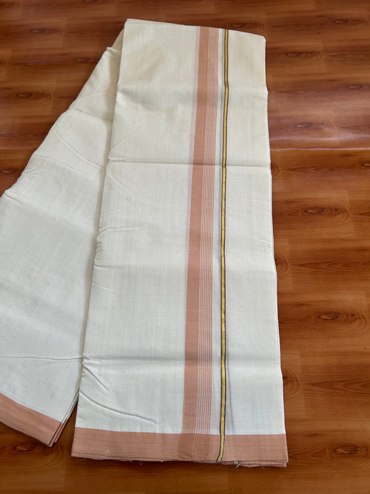 25% Discount ! KaithariKada Handloom Unakkupaav - Kerala Handloom - 100% Pure Cotton Off White (Unbleached) Double Mundu/Dhoti - 100x80 - 1.25 inch Gold Kasav & Peach Orange striped Kara 3.80 mtr (8 Muzham) - 55 KK5380 SOM