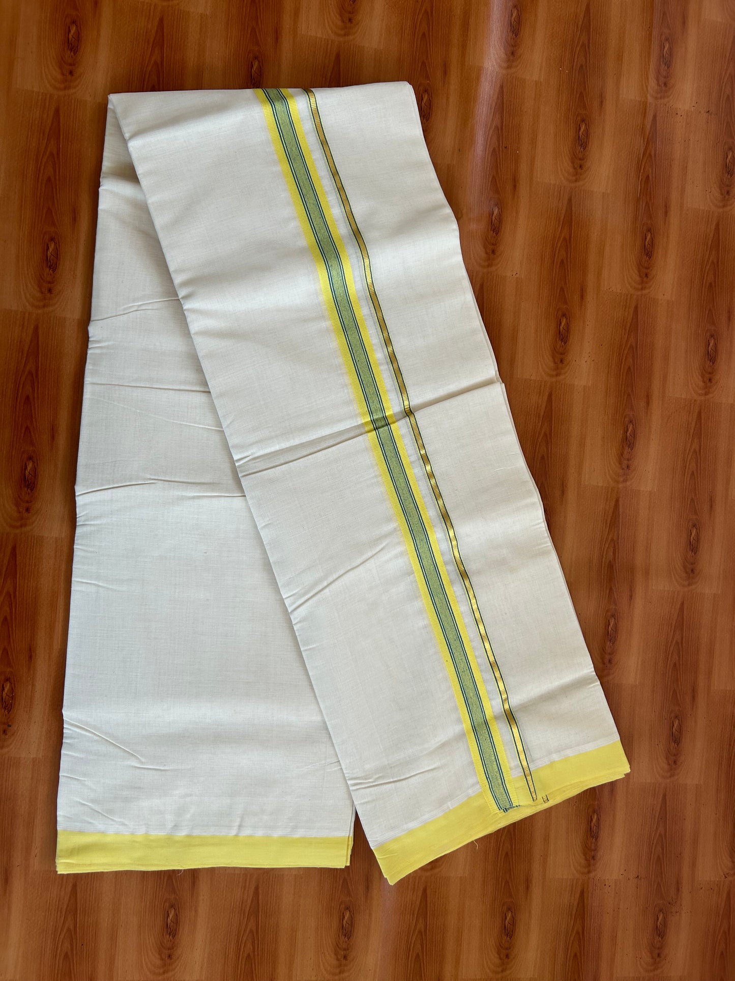 25% Discount ! KaithariKada Handloom Unakkupaav - Kerala Handloom - 100% Pure Cotton Off White (Unbleached) Double Mundu/Dhoti - 100x80 - 1 inch Gold Kasav & Yellow Blue striped Kara 3.80 mtr (8 Muzham) - 57 KK5380 SOM