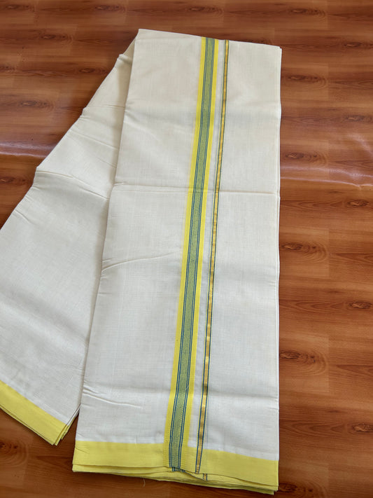 25% Discount ! KaithariKada Handloom Unakkupaav - Kerala Handloom - 100% Pure Cotton Off White (Unbleached) Double Mundu/Dhoti - 100x80 - 1 inch Gold Kasav & Yellow Blue striped Kara 3.80 mtr (8 Muzham) - 57 KK5380 SOM