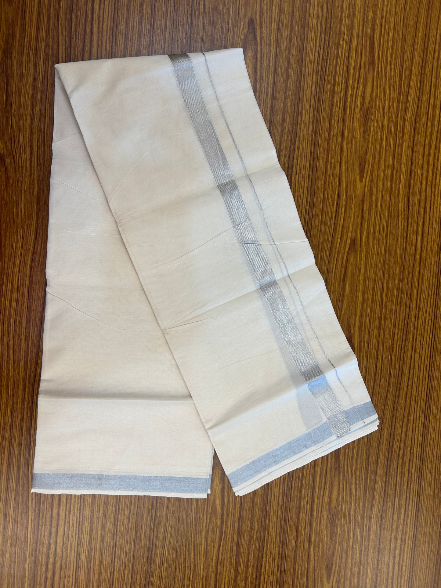 20% Discount ! Kaitharikada Balaramapuram 100% Cotton Off White Double Mundu/Dothi  - 80s - 1 Inch Silver Kasav Kara 4 mtr ( 8.5 muzham ) - 61 KK5362 GAN