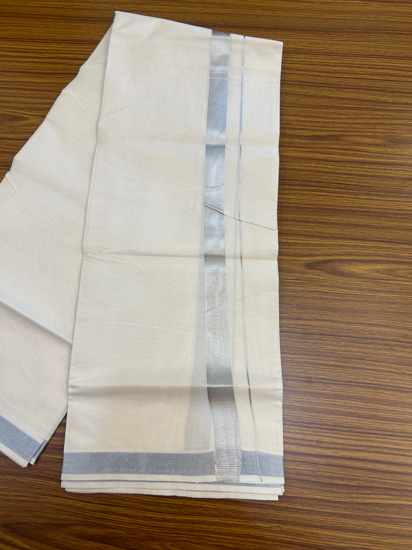 20% Discount ! Kaitharikada Balaramapuram 100% Cotton Off White Double Mundu/Dothi  - 80s - 1 Inch Silver Kasav Kara 4 mtr ( 8.5 muzham ) - 61 KK5362 GAN