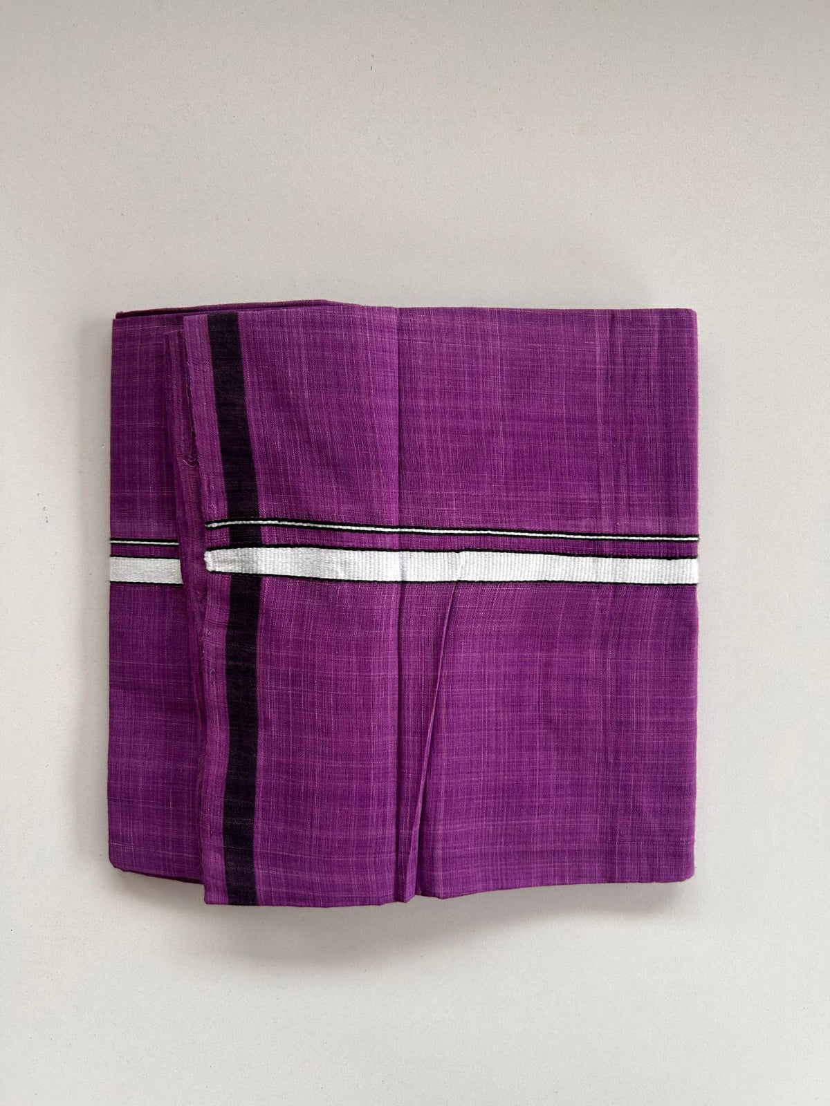 Kerala Handloom Single Kaily/Lungi - KaithariKada 100% Pure Cotton - 40s - 1 cm Black & White Stripes Kara With Purple Colour Body - (2 meter / 4 muzham) - 4 KK8081 ELA