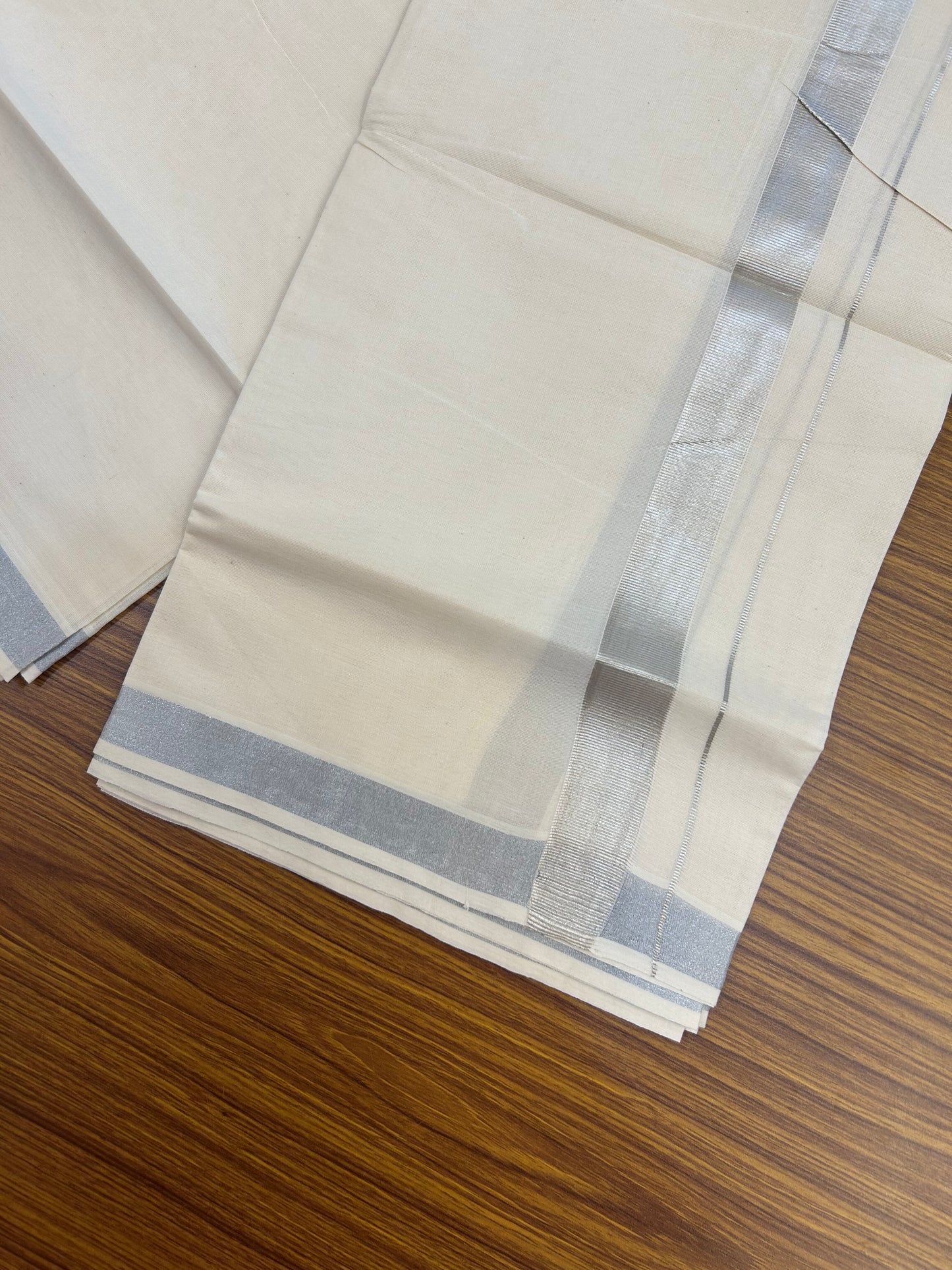 20% Discount ! Kaitharikada Balaramapuram 100% Cotton Off White Double Mundu/Dothi  - 80s - 1 Inch Silver Kasav Kara 4 mtr ( 8.5 muzham ) - 61 KK5362 GAN