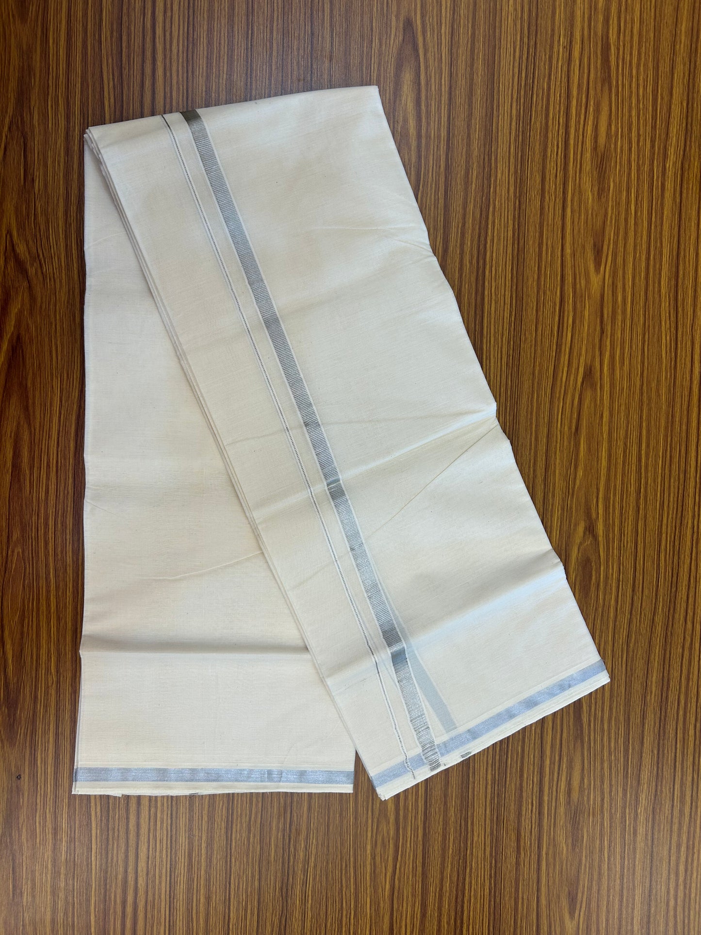 20% Discount ! Kaitharikada Balaramapuram 100% Cotton Off White Double Mundu/Dothi  - 80s - 0.5 Inch Silver Kasav Kara 4 mtr ( 8.5 muzham ) - 62 KK5362 GAN