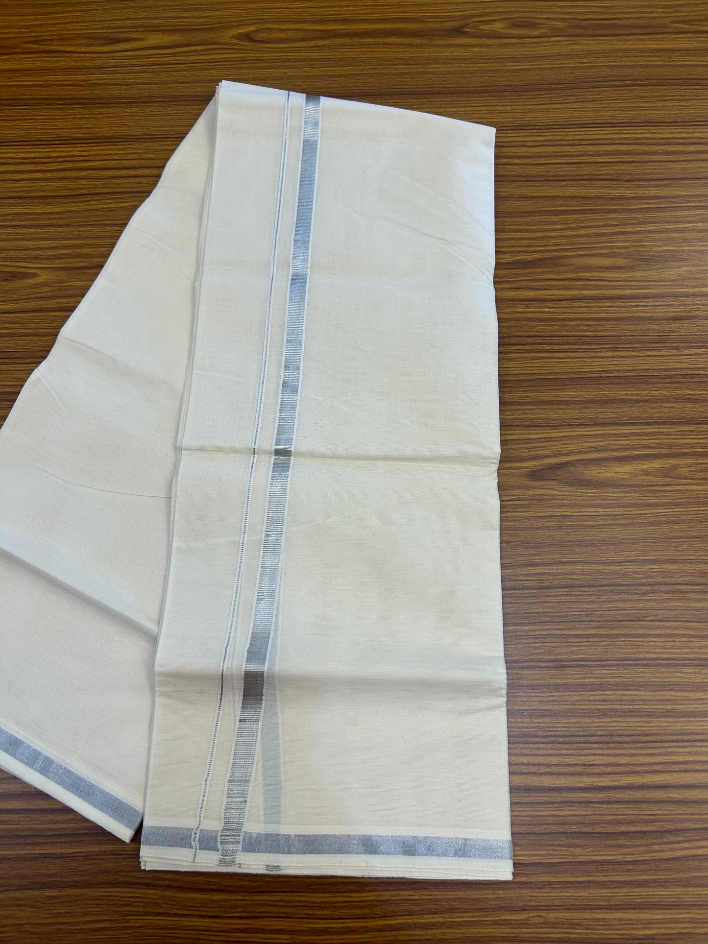 20% Discount ! Kaitharikada Balaramapuram 100% Cotton Off White Double Mundu/Dothi  - 80s - 0.5 Inch Silver Kasav Kara 4 mtr ( 8.5 muzham ) - 62 KK5362 GAN