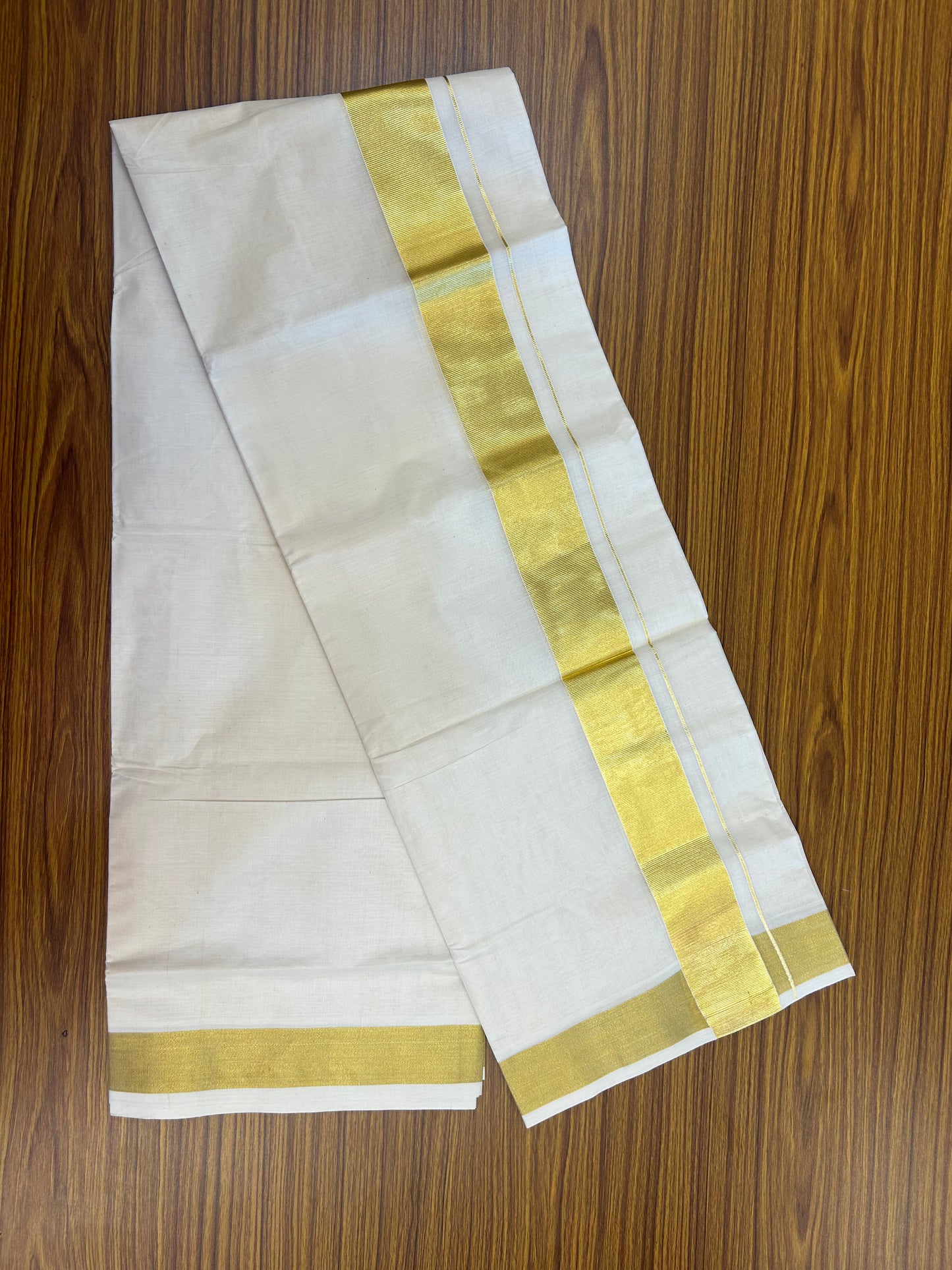 20% Discount! Kaitharikada Balaramapuram 100% Cotton Off White Double Mundu/Dothi  - 80s - 2 Inch Gold Kasav Kara - 4 mtr ( 8.5 Muzham ) - 65 KK5362GAN
