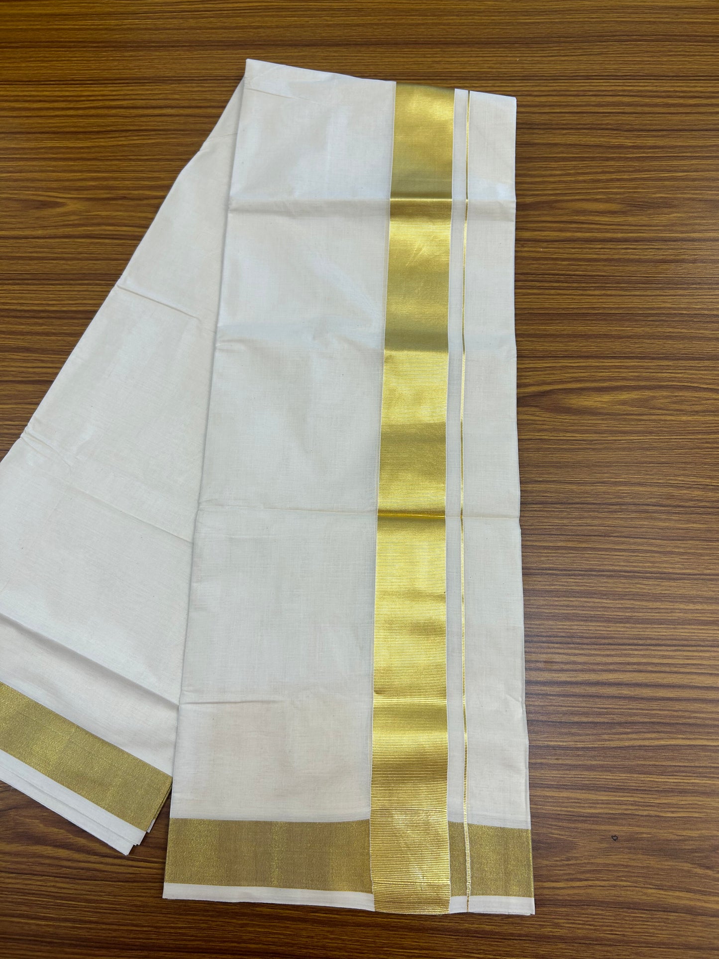 20% Discount! Kaitharikada Balaramapuram 100% Cotton Off White Double Mundu/Dothi  - 80s - 2 Inch Gold Kasav Kara - 4 mtr ( 8.5 Muzham ) - 65 KK5362GAN