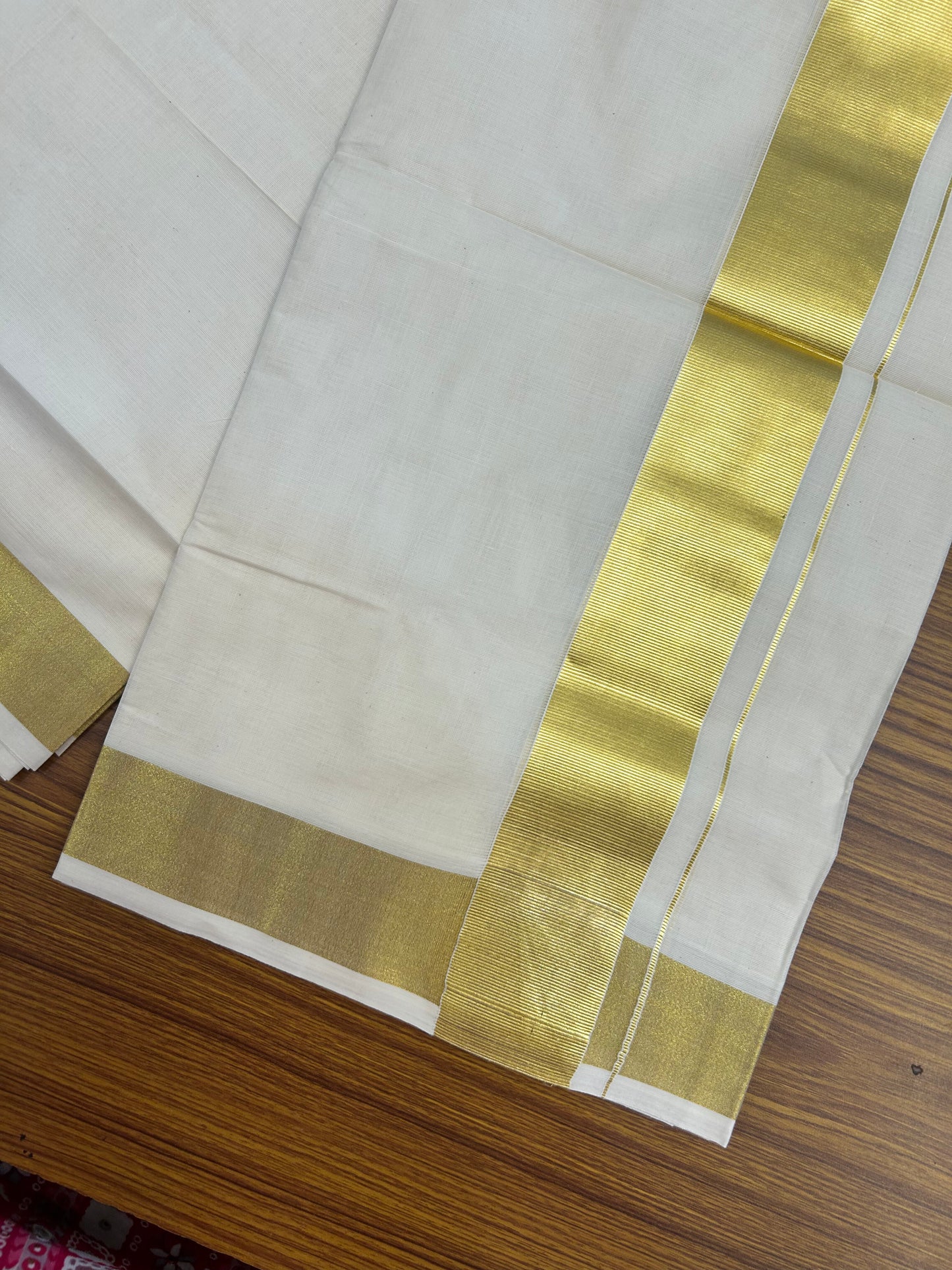 20% Discount! Kaitharikada Balaramapuram 100% Cotton Off White Double Mundu/Dothi  - 80s - 2 Inch Gold Kasav Kara - 4 mtr ( 8.5 Muzham ) - 65 KK5362GAN