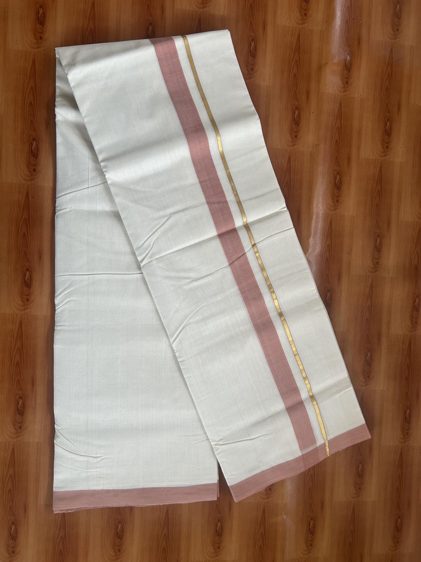 25% Discount ! KaithariKada Handloom Unakkupaav Kerala Handloom - 100% Pure Cotton Off White (Unbleached) Double Mundu/Dhoti - 100x80 - 1.25 inch Gold Kasav & Peach Brown Shaded Kara 3.80 mtr (8 Muzham) - 68 KK5380 SOM