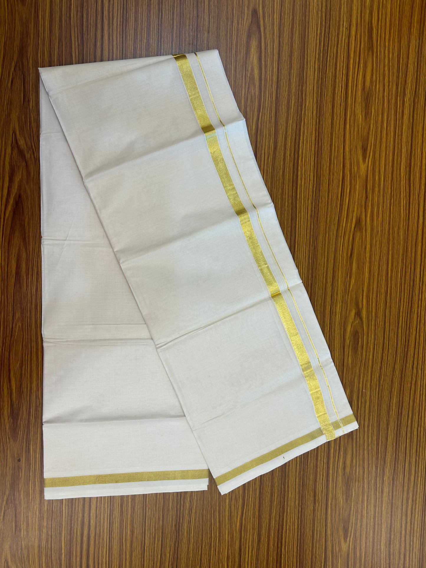 20% Discount! Kaitharikada Balaramapuram 100% Cotton Off White Double Mundu/Dothi  - 80s - 0.75 Inch Gold Kasav Kara - 4 mtr ( 8.5 Muzham ) - 66 KK5362GAN