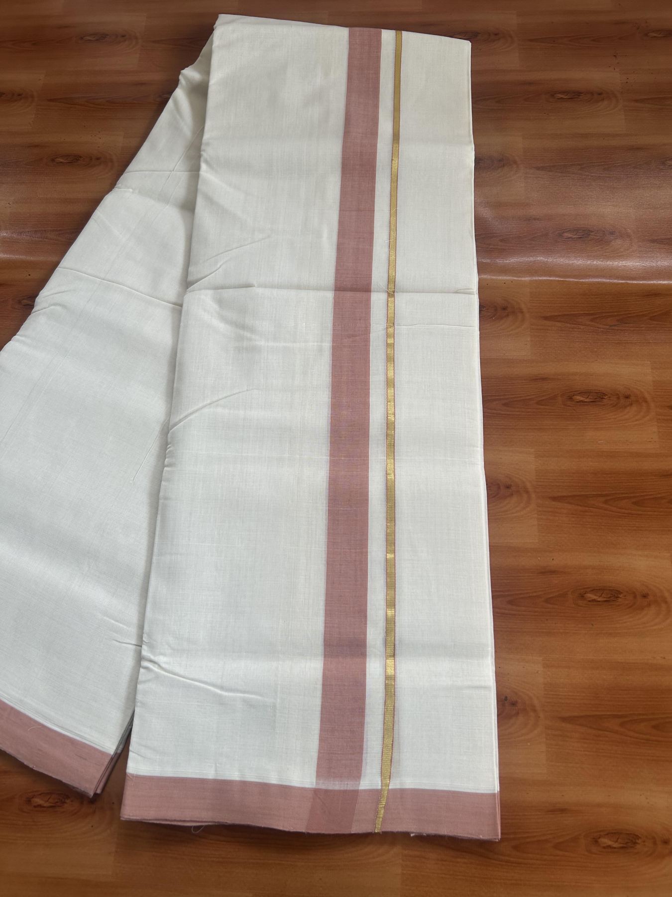 25% Discount ! KaithariKada Handloom Unakkupaav Kerala Handloom - 100% Pure Cotton Off White (Unbleached) Double Mundu/Dhoti - 100x80 - 1.25 inch Gold Kasav & Peach Brown Shaded Kara 3.80 mtr (8 Muzham) - 68 KK5380 SOM