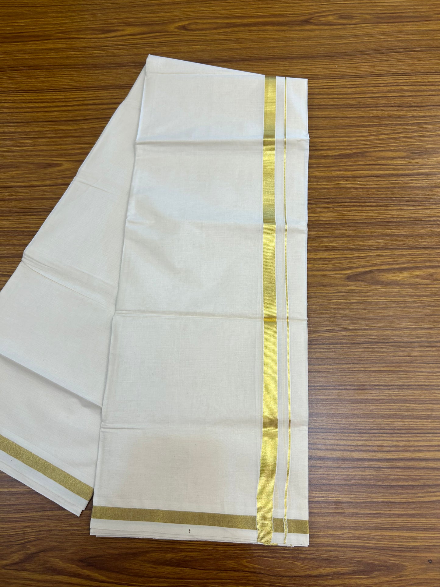 20% Discount! Kaitharikada Balaramapuram 100% Cotton Off White Double Mundu/Dothi  - 80s - 0.75 Inch Gold Kasav Kara - 4 mtr ( 8.5 Muzham ) - 66 KK5362GAN