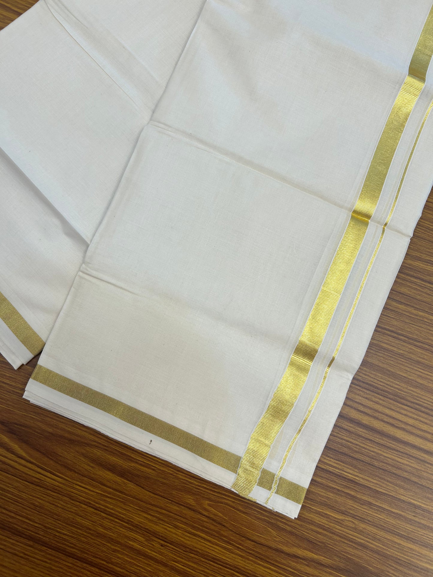 20% Discount! Kaitharikada Balaramapuram 100% Cotton Off White Double Mundu/Dothi  - 80s - 0.75 Inch Gold Kasav Kara - 4 mtr ( 8.5 Muzham ) - 66 KK5362GAN