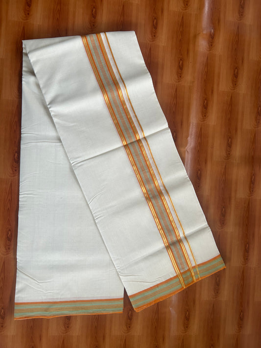 25% Discount ! KaithariKada Handloom Unakkupaav - Kerala Handloom - 100% Pure Cotton Off White (Unbleached) Double Mundu/Dhoti - 100x80 - 1.75 inch Gold Kasav & Orange & Sage Striped Kara 4 mtr (8.5 Muzham) - 86 KK5380 SOM