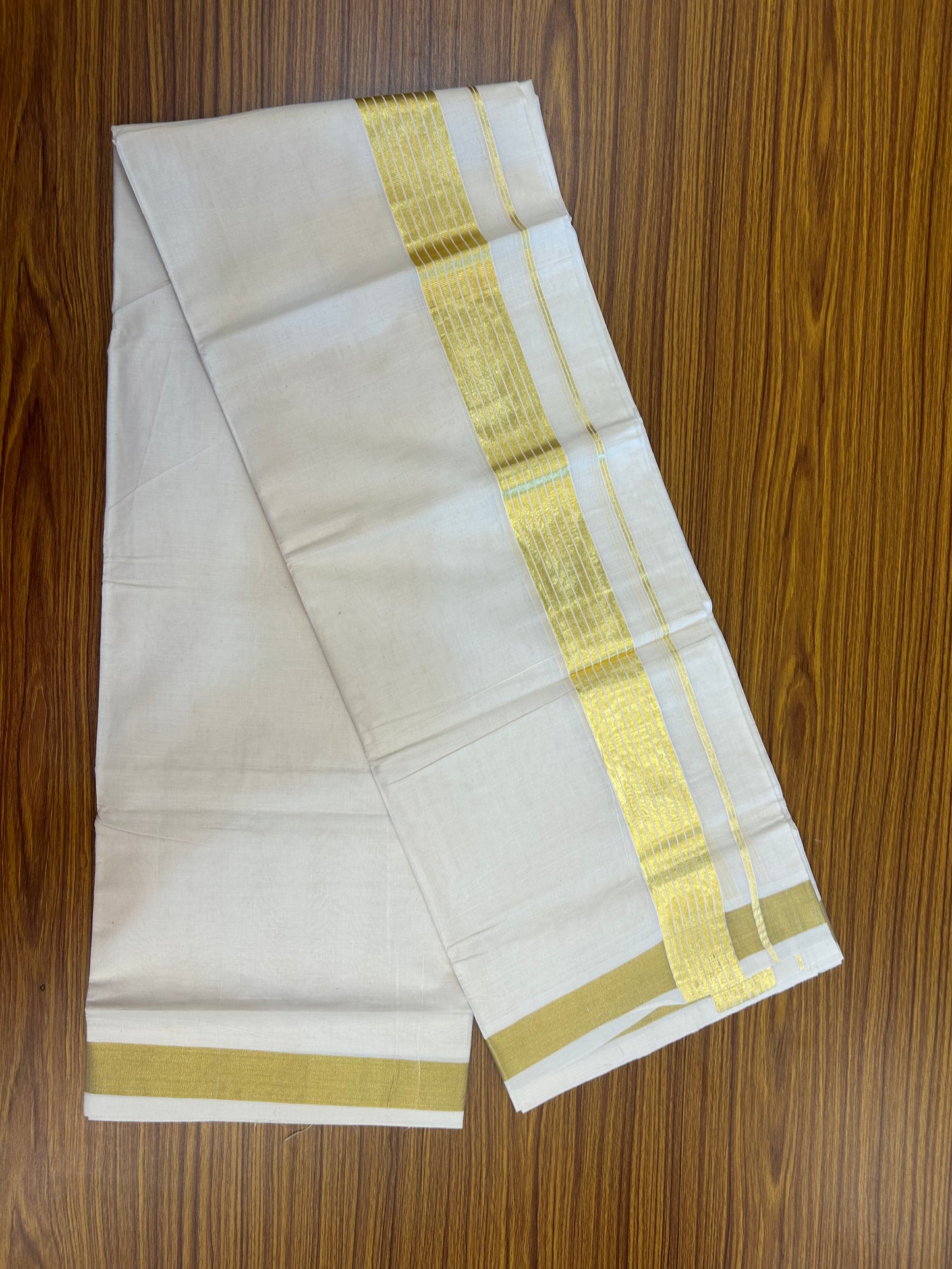 20% Discount! Kaitharikada Balaramapuram 100% Cotton Off White Double Mundu/Dothi  - 80s - 2 Inch Gold Kasav Striped  Kara - 4 mtr ( 8.5 Muzham ) - 64 KK5362GAN