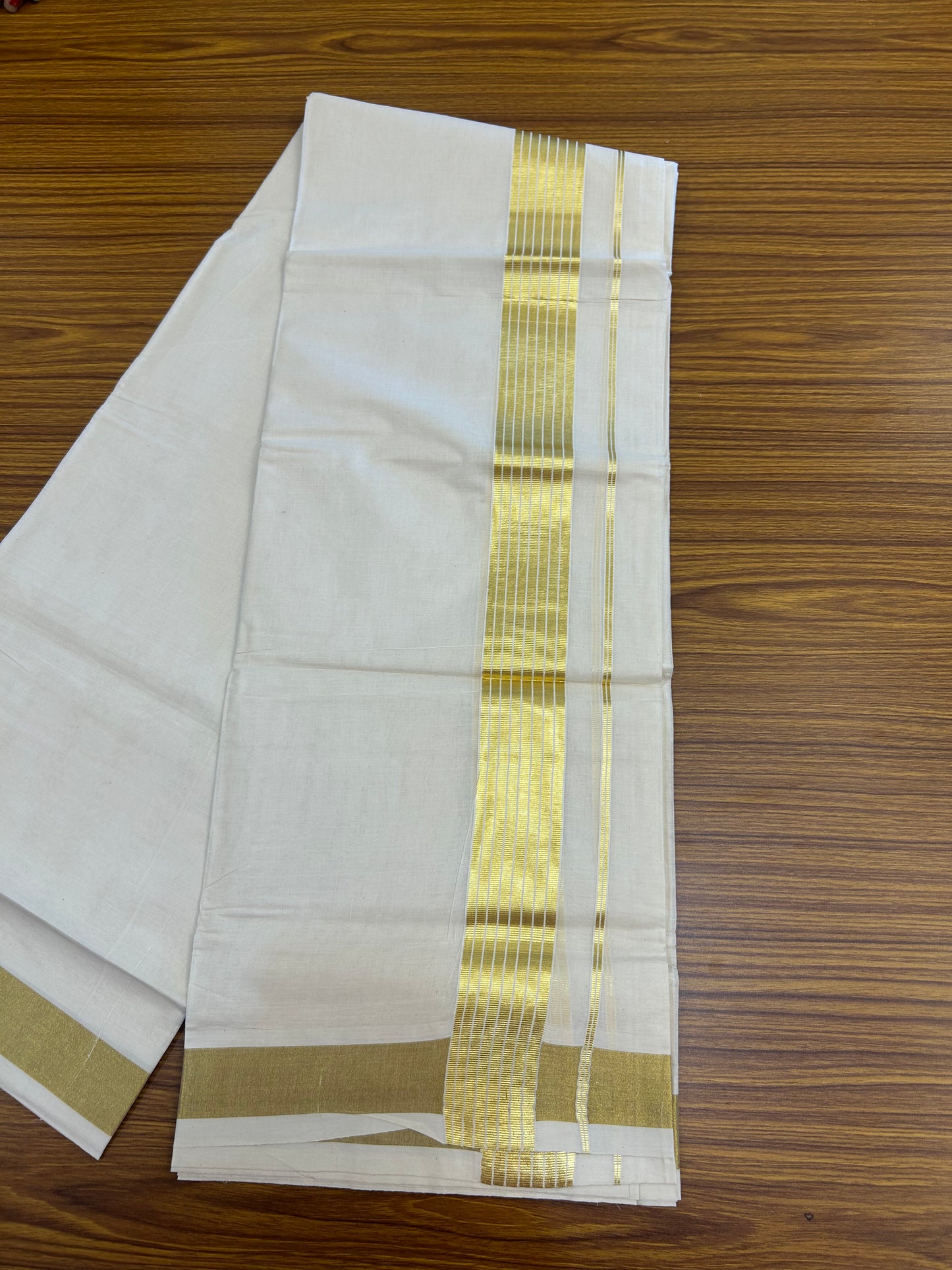 20% Discount! Kaitharikada Balaramapuram 100% Cotton Off White Double Mundu/Dothi  - 80s - 2 Inch Gold Kasav Striped  Kara - 4 mtr ( 8.5 Muzham ) - 64 KK5362GAN