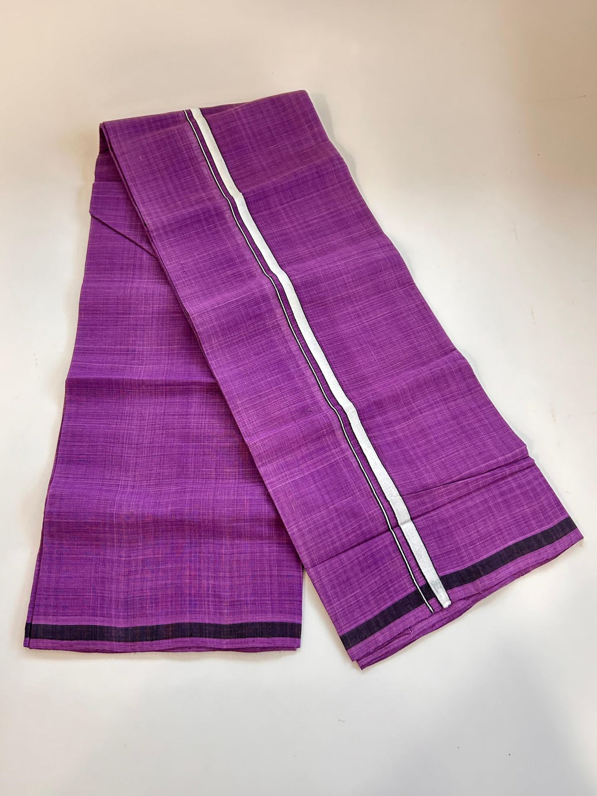 Kerala Handloom Single Kaily/Lungi - KaithariKada 100% Pure Cotton - 40s - 1 cm Black & White Stripes Kara With Purple Colour Body - (2 meter / 4 muzham) - 4 KK8081 ELA