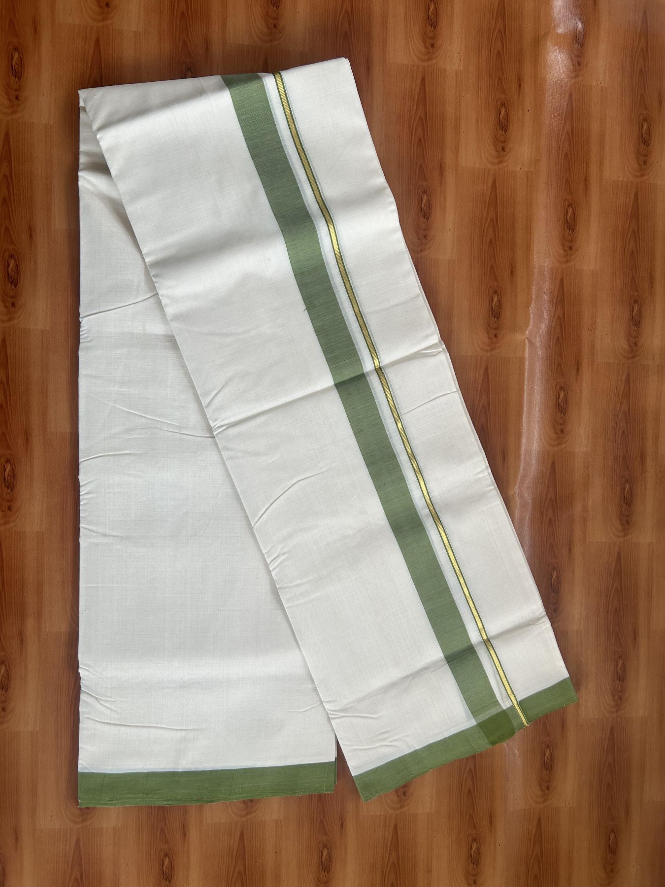 25% Discount ! KaithariKada Handloom Unakkupaav Kerala Handloom - 100% Pure Cotton Off White (Unbleached) Double Mundu/Dhoti - 100x80 - 1.25 inch Gold Kasav & Light Green Shaded Kara 3.80 mtr (8 Muzham) - 67 KK5380 SOM