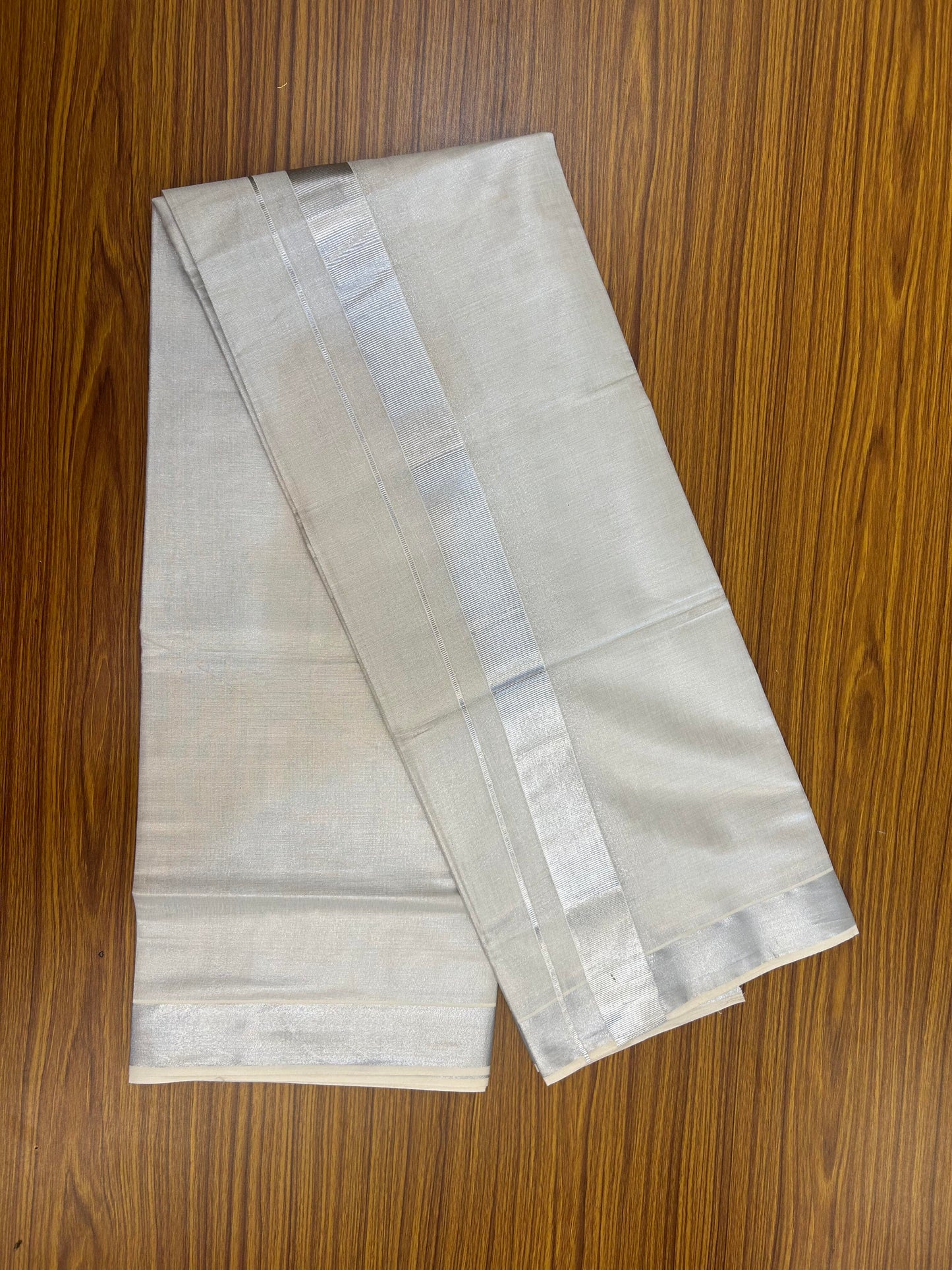 20% Discount! KaithariKada Balaramapuram Cotton Mix - 60s - Double Dhoti/Mund - 1.5 inch Light Silver Kasav Tissue kara 4.00 m (8.5 muzham) - 22 KK5362 GAN