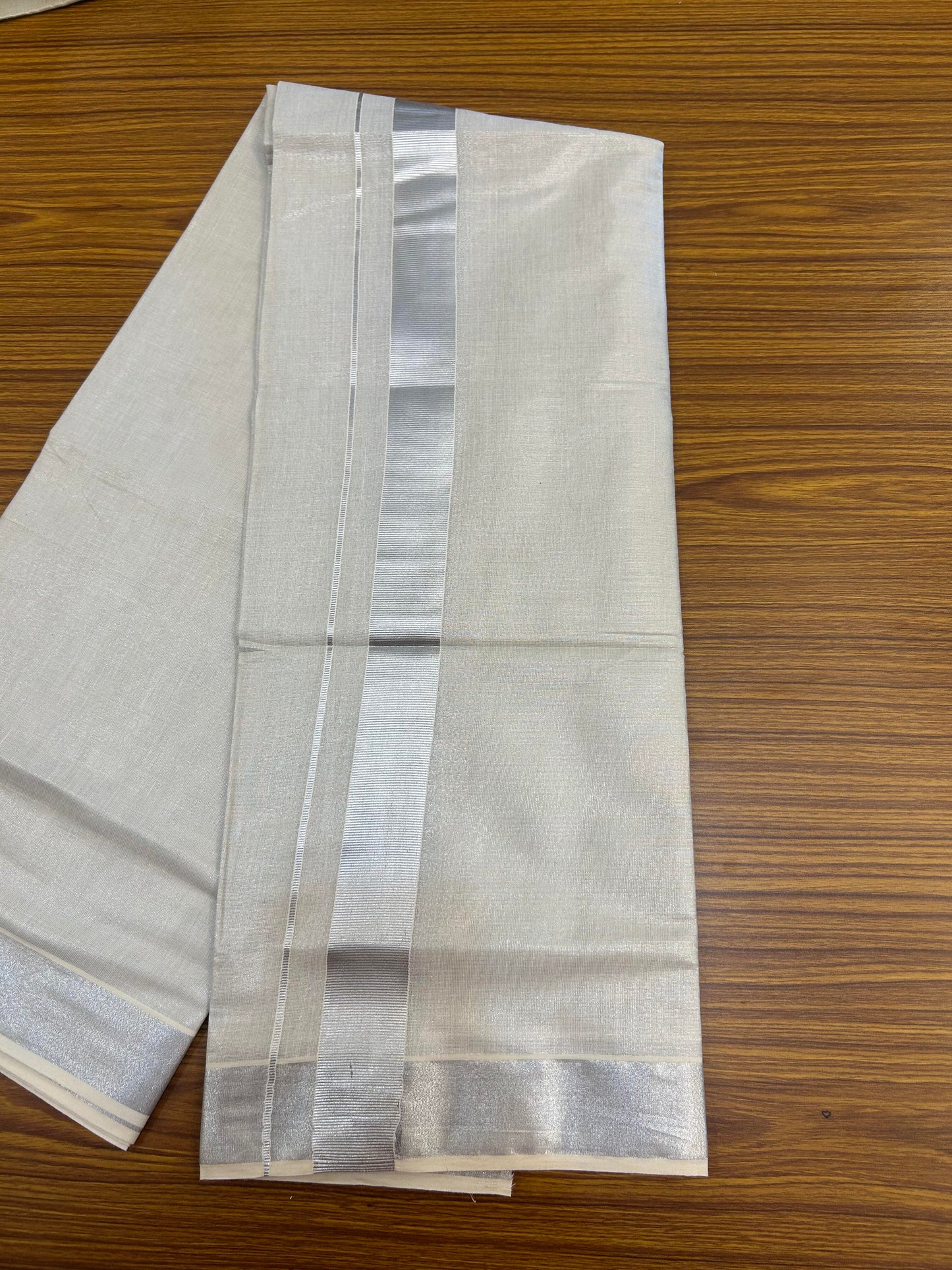 20% Discount! KaithariKada Balaramapuram Cotton Mix - 60s - Double Dhoti/Mund - 1.5 inch Light Silver Kasav Tissue kara 4.00 m (8.5 muzham) - 22 KK5362 GAN