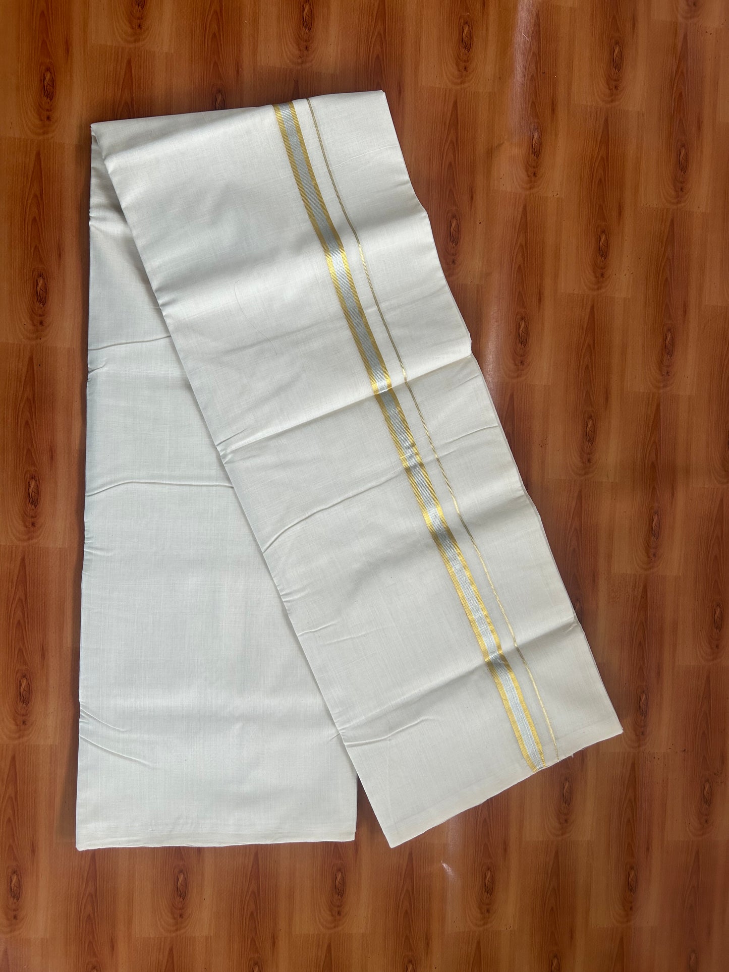 25% Discount! KaithariKada Kerala Handloom Unakkupaav- 100% Pure Cotton Off White (Unbleached) Double Mundu/Dhoti - 100X80 - 0.75cm Gold & Silver Kasav Kara 4m (8.5Muzham) - 51KK5380 SOM