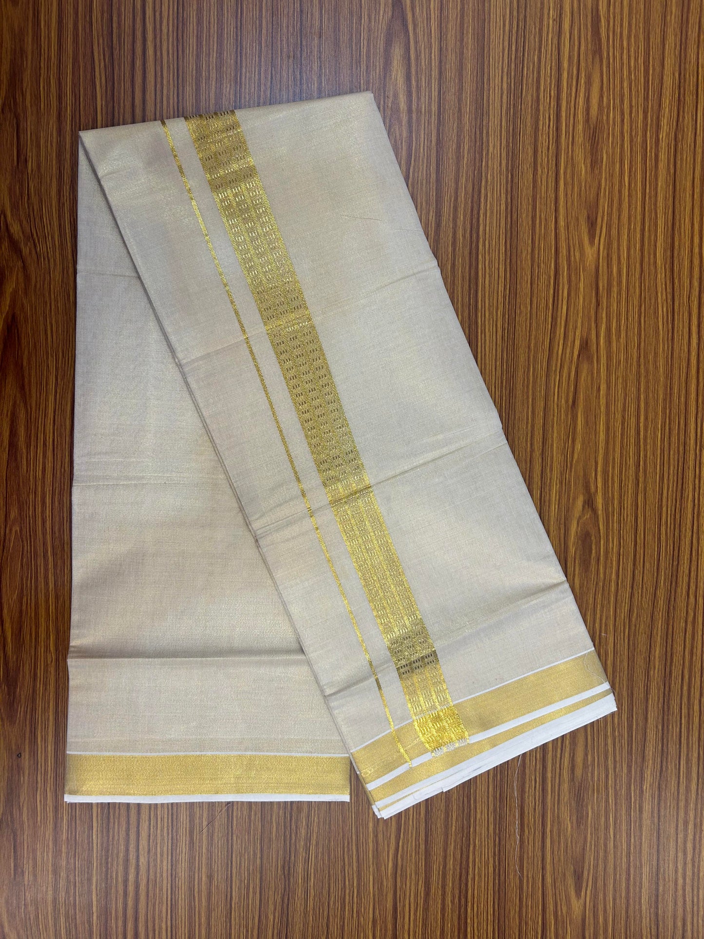 20% Discount! Kaitharikada Balaramapuram Mixed Cotton - Gold Kasav Tissue Material Double Dhoti/Mund - (60s) - 1.5 inch Gold Kasav Design kara 4 mtr (8.5 muzham) - 23 KK5362 GAN