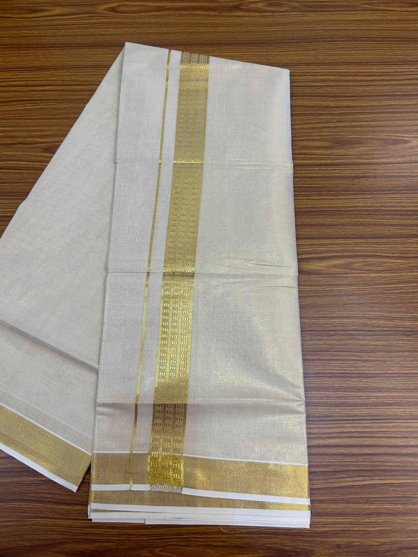 20% Discount! Kaitharikada Balaramapuram Mixed Cotton - Gold Kasav Tissue Material Double Dhoti/Mund - (60s) - 1.5 inch Gold Kasav Design kara 4 mtr (8.5 muzham) - 23 KK5362 GAN