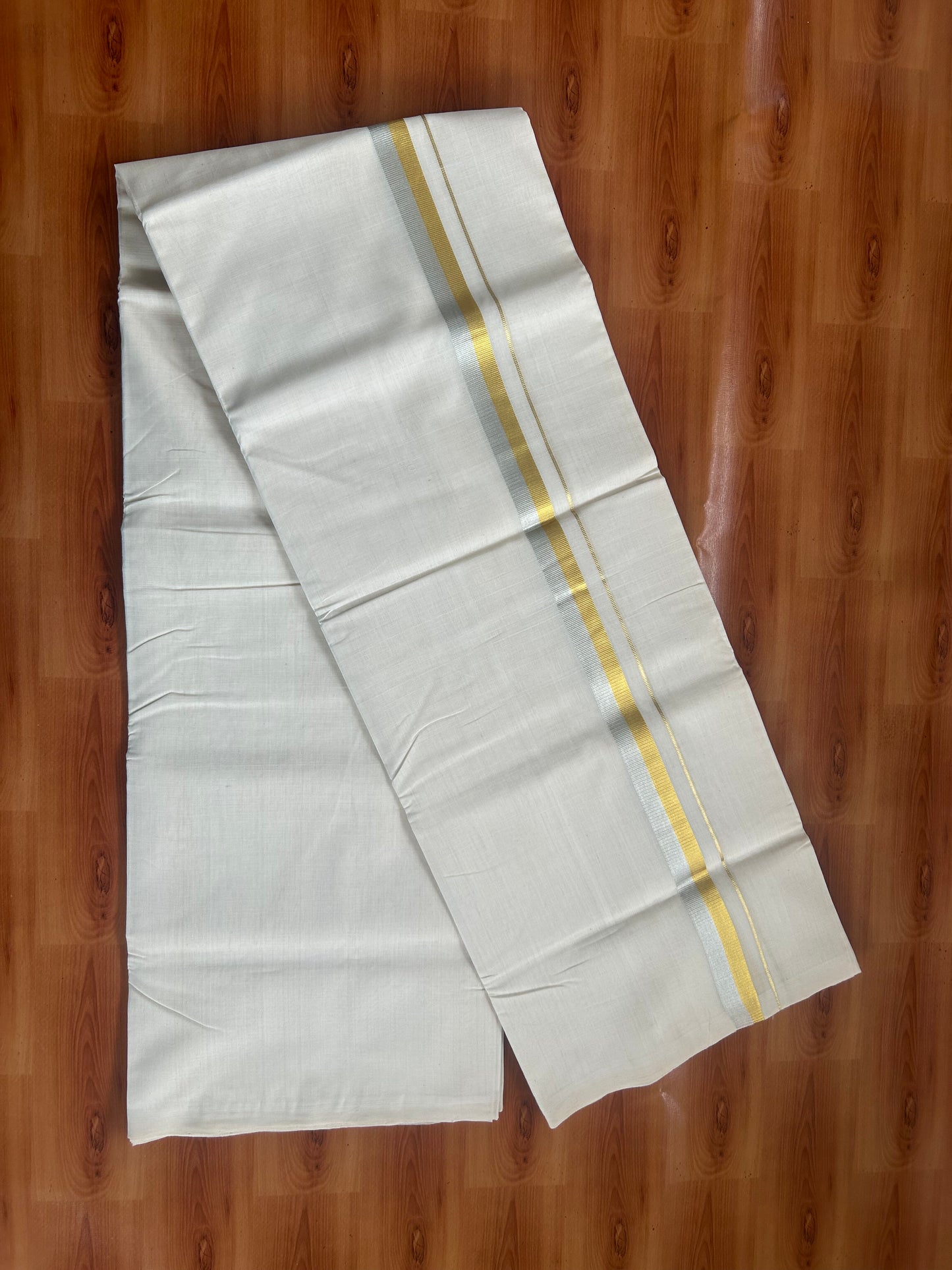 25% Discount! KaithariKada Kerala Handloom Unakkupaav - 100% Pure Cotton Off White (Unbleached) Double Mundu/Dhoti - 100X80 - 1 inch Gold & Silver Kasav Kara 4 mtr (8.5Muzham) - 52KK5380 SOM
