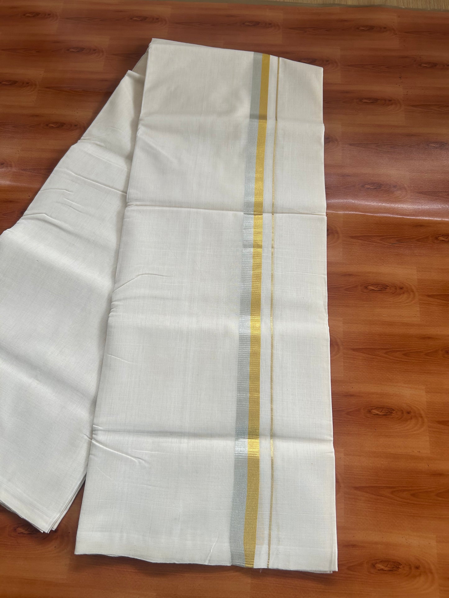 25% Discount! KaithariKada Kerala Handloom Unakkupaav - 100% Pure Cotton Off White (Unbleached) Double Mundu/Dhoti - 100X80 - 1 inch Gold & Silver Kasav Kara 4 mtr (8.5Muzham) - 52KK5380 SOM