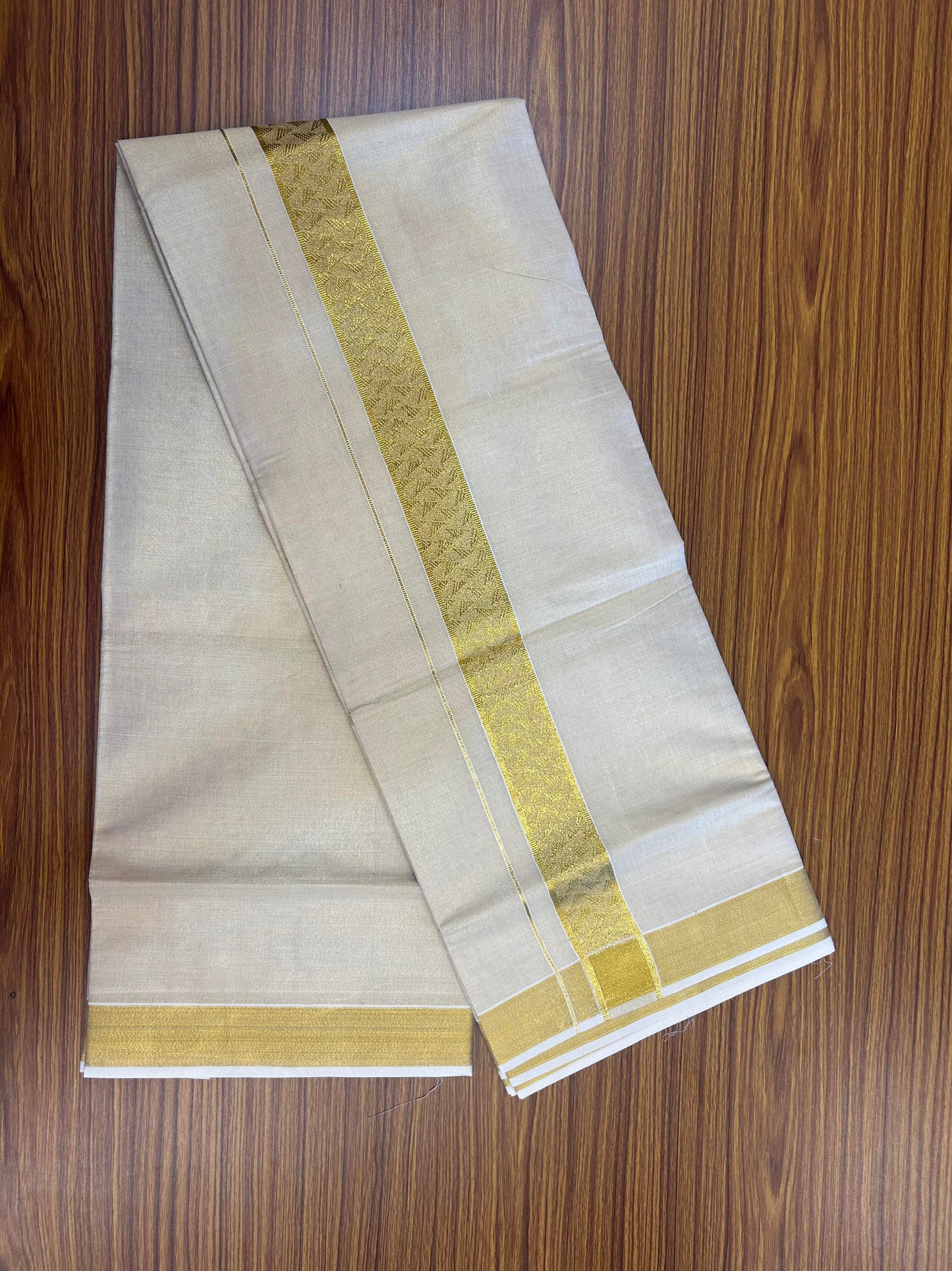 20% Discount! Kaitharikada Balaramapuram Mixed Cotton - Gold Kasav Tissue Material Double Dhoti/Mund - (60s) - 1.75 inch Gold Kasav Design kara 4 mtr (8.5 muzham) - 24 KK5362 GAN