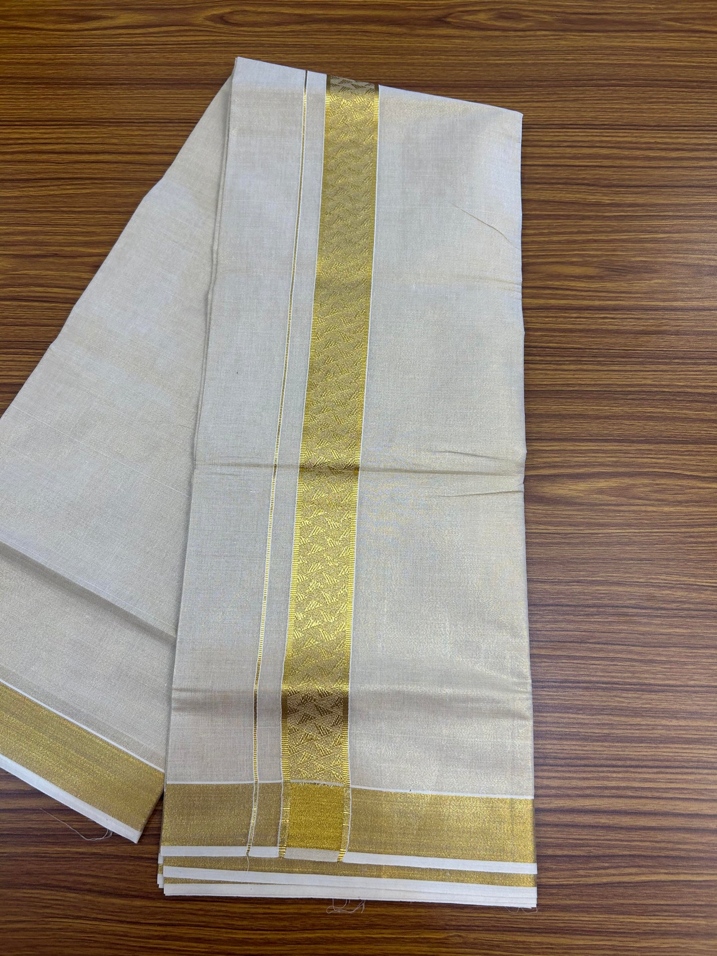 20% Discount! Kaitharikada Balaramapuram Mixed Cotton - Gold Kasav Tissue Material Double Dhoti/Mund - (60s) - 1.75 inch Gold Kasav Design kara 4 mtr (8.5 muzham) - 24 KK5362 GAN