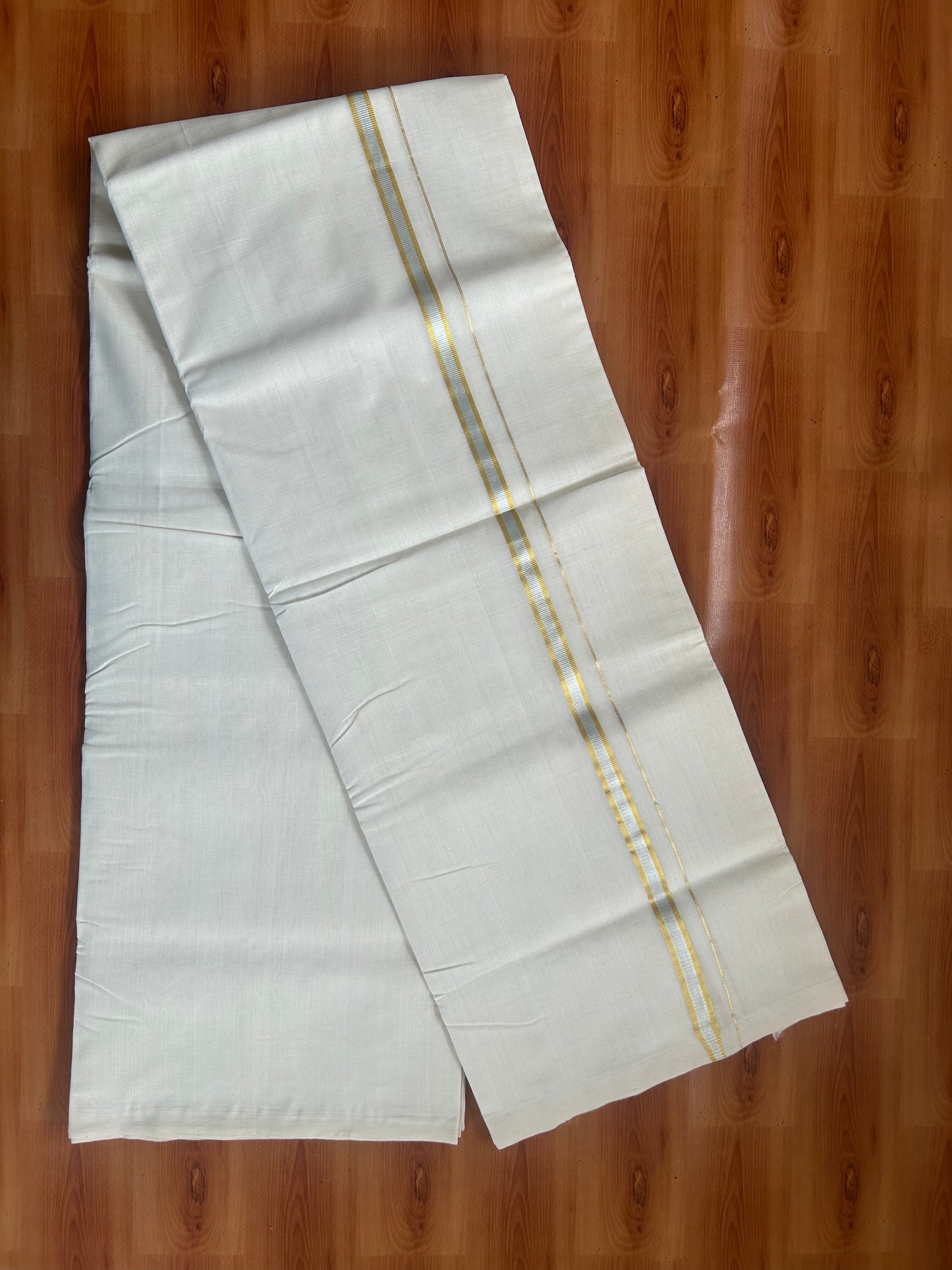25% Discount! KaithariKada Kerala Handloom Unakkupaav - 100% Pure Cotton Off White (Unbleached) Double Mundu/Dhoti - 100X80 - 0.5 inch Gold & Silver Kasav Kara 4 mtr (8.5Muzham) - 53 KK5380 SOM