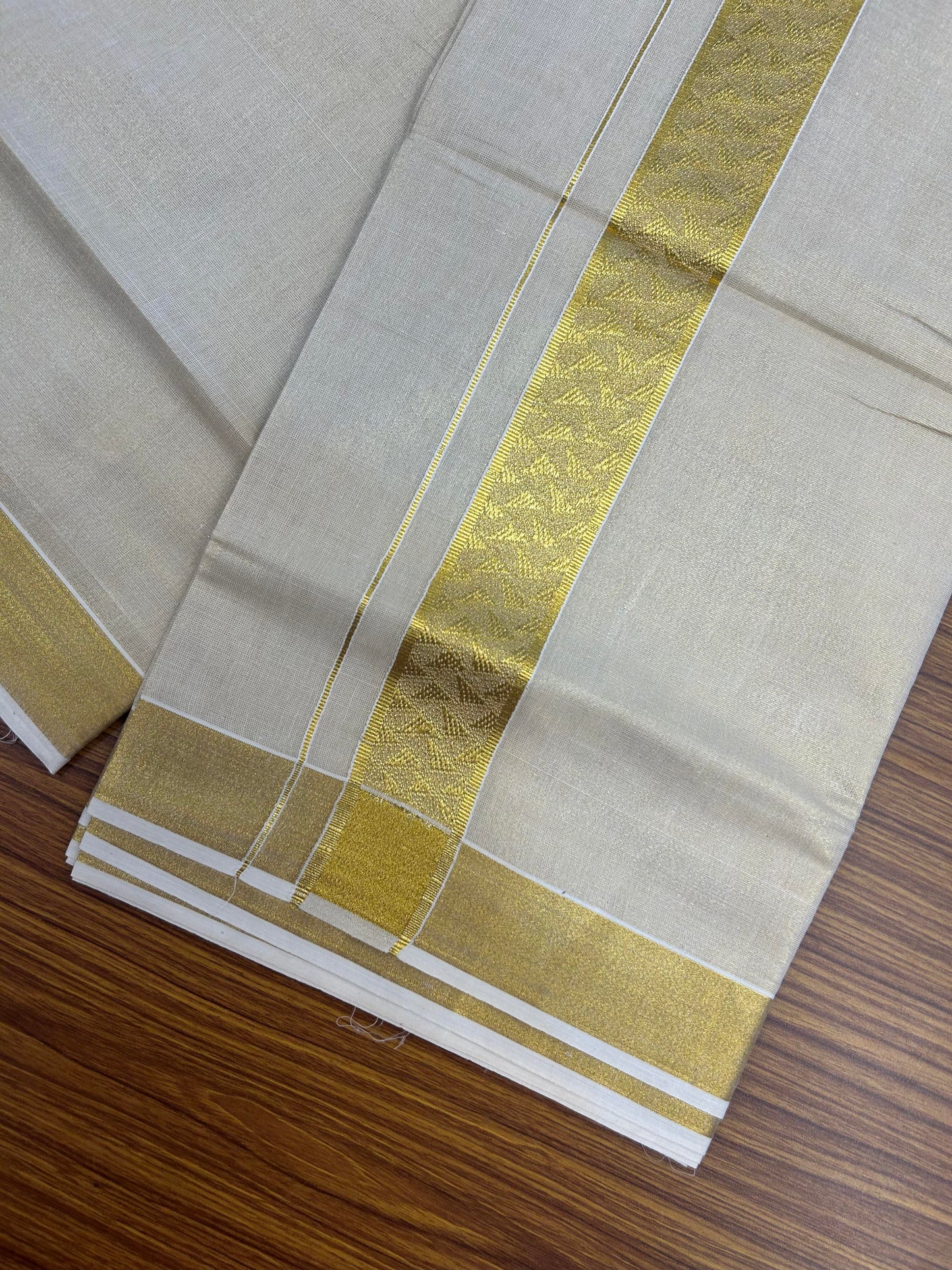 20% Discount! Kaitharikada Balaramapuram Mixed Cotton - Gold Kasav Tissue Material Double Dhoti/Mund - (60s) - 1.75 inch Gold Kasav Design kara 4 mtr (8.5 muzham) - 24 KK5362 GAN