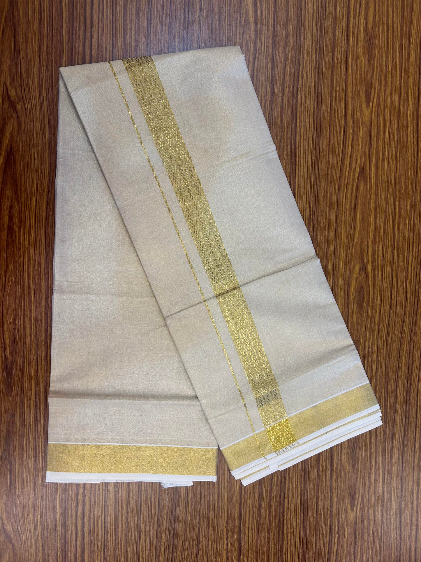 20% Discount! Kaitharikada Balaramapuram Mixed Cotton - Gold Kasav Tissue Material Double Dhoti/Mund - (60s) - 1.5 inch Gold Kasav Design kara 4 mtr (8.5 muzham) - 25 KK5362 GAN