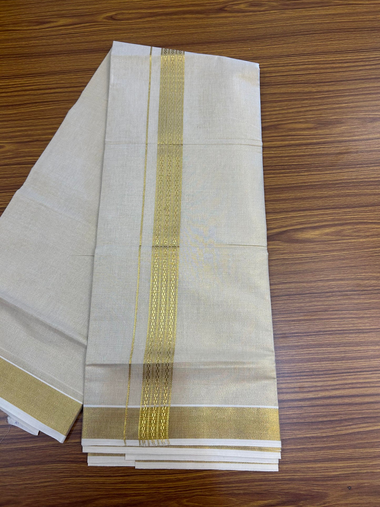 20% Discount! Kaitharikada Balaramapuram Mixed Cotton - Gold Kasav Tissue Material Double Dhoti/Mund - (60s) - 1.5 inch Gold Kasav Design kara 4 mtr (8.5 muzham) - 25 KK5362 GAN