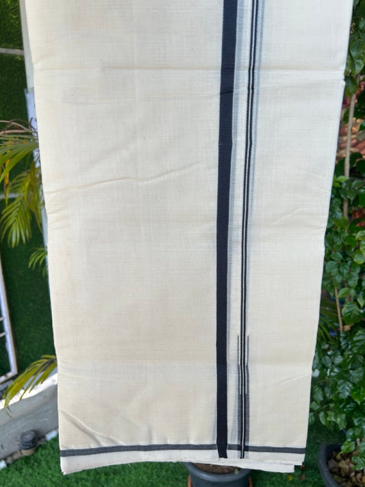 25% Discount KaithariKada HANDLOOM Millpaav Balaramapuram - 100% PURE Cotton off white - (Unbleached) Double Mundu/Dhoti - Puliyilakkara 1 cm Black Chutty - 2KK5175RAM
