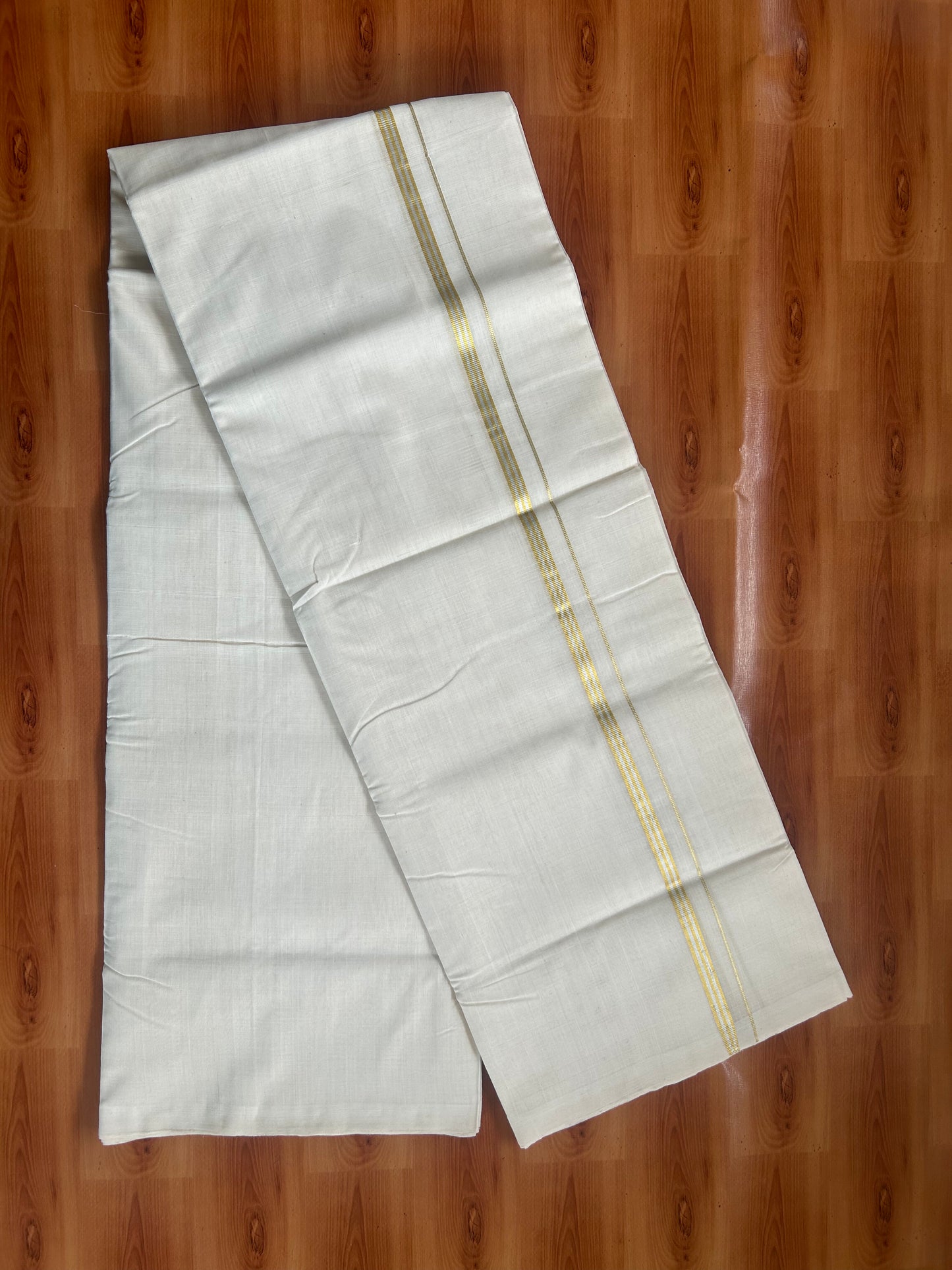 25% Discount! KaithariKada Kerala Handloom Unakkupaav - 100% Pure Cotton Off White (Unbleached) Double Mundu/Dhoti - 100X80 - 1cm Gold & Silver Striped Kasav Kara 4 mtr (8.5Muzham) - 54 KK5380 SOM