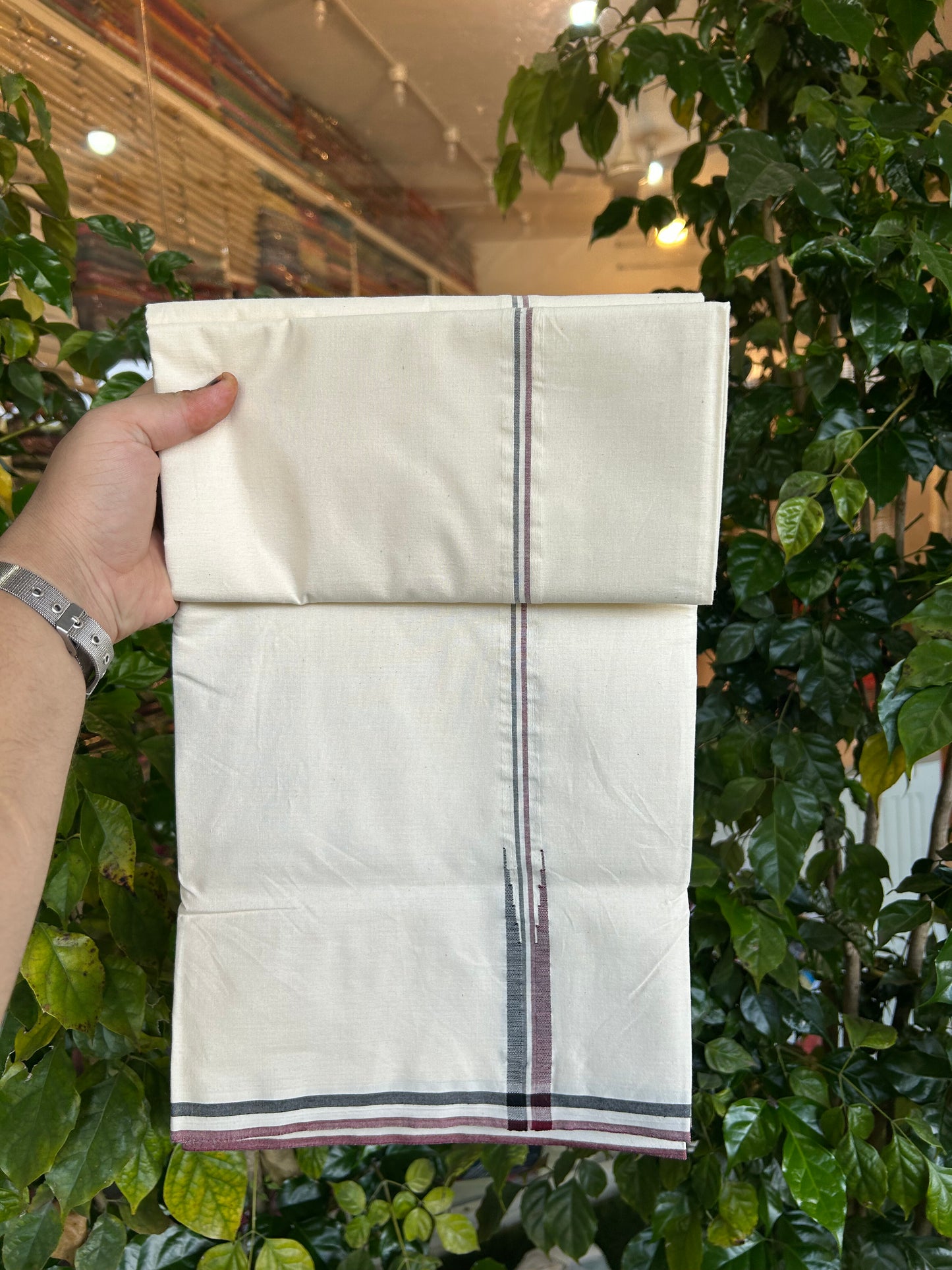 Admk Veshti - KaithariKada Balaramapuram 100% Cotton Single Off White - (Unbleached) Mundu/Dhoti-100X100 - 1.5 cm Puliyilakkara Maroon & Black Chutty Kara(2 meter / 4 muzham) - 7 KK5338 ASH