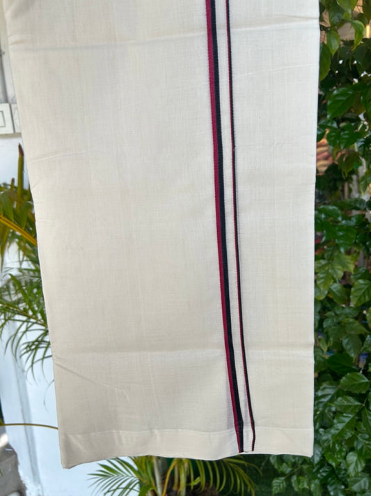 DMK Veshti - 25% Discount!!! KaithariKada HANDLOOM UNAKKUPAAV Balaramapuram - 100% PURE Cotton off white (Unbleached) Double Mundu/Dhoti - 0.75 inch Light Maroon & Black kara DMK - 3KK5175RAM