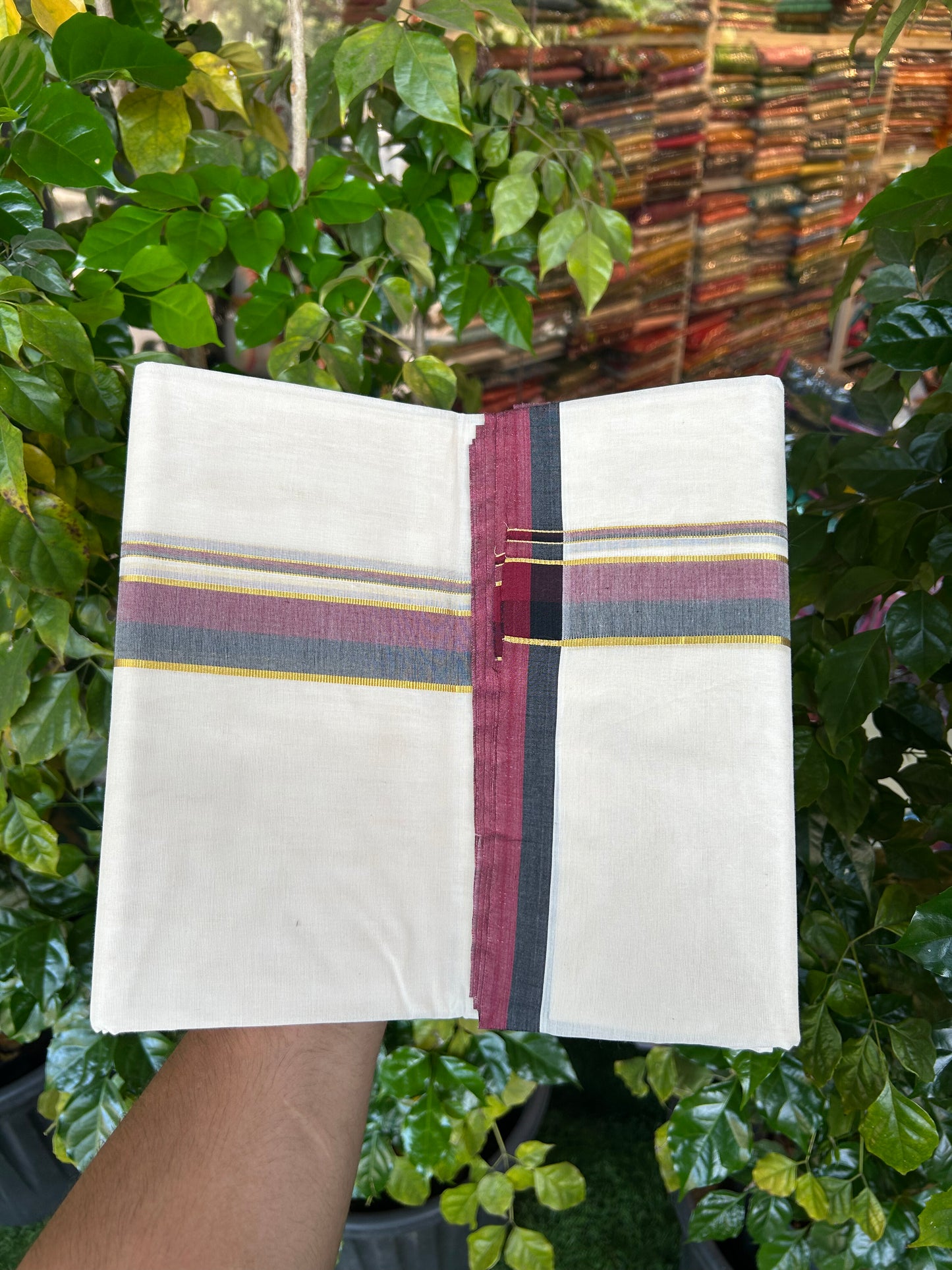 Dmk Veshti - 20% Discount! KaithariKada 100% Cotton Off White Double - (Unbleached) Mundu/Dhoti - 100X100 - 1.5 inch Gold Kasav Black & Maroon Chutty kara - 14 KK5338 ASH