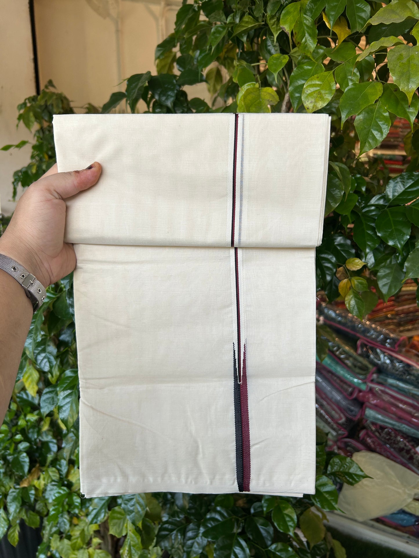 Dmk Veshti - 20% Discount! KaithariKada 100% Cotton Off White Double - (Unbleached) Mundu/Dhoti - 100X100 - 0.5 inch Puliyilakkara Black & Maroon Chutty kara - 13 KK5338 ASH
