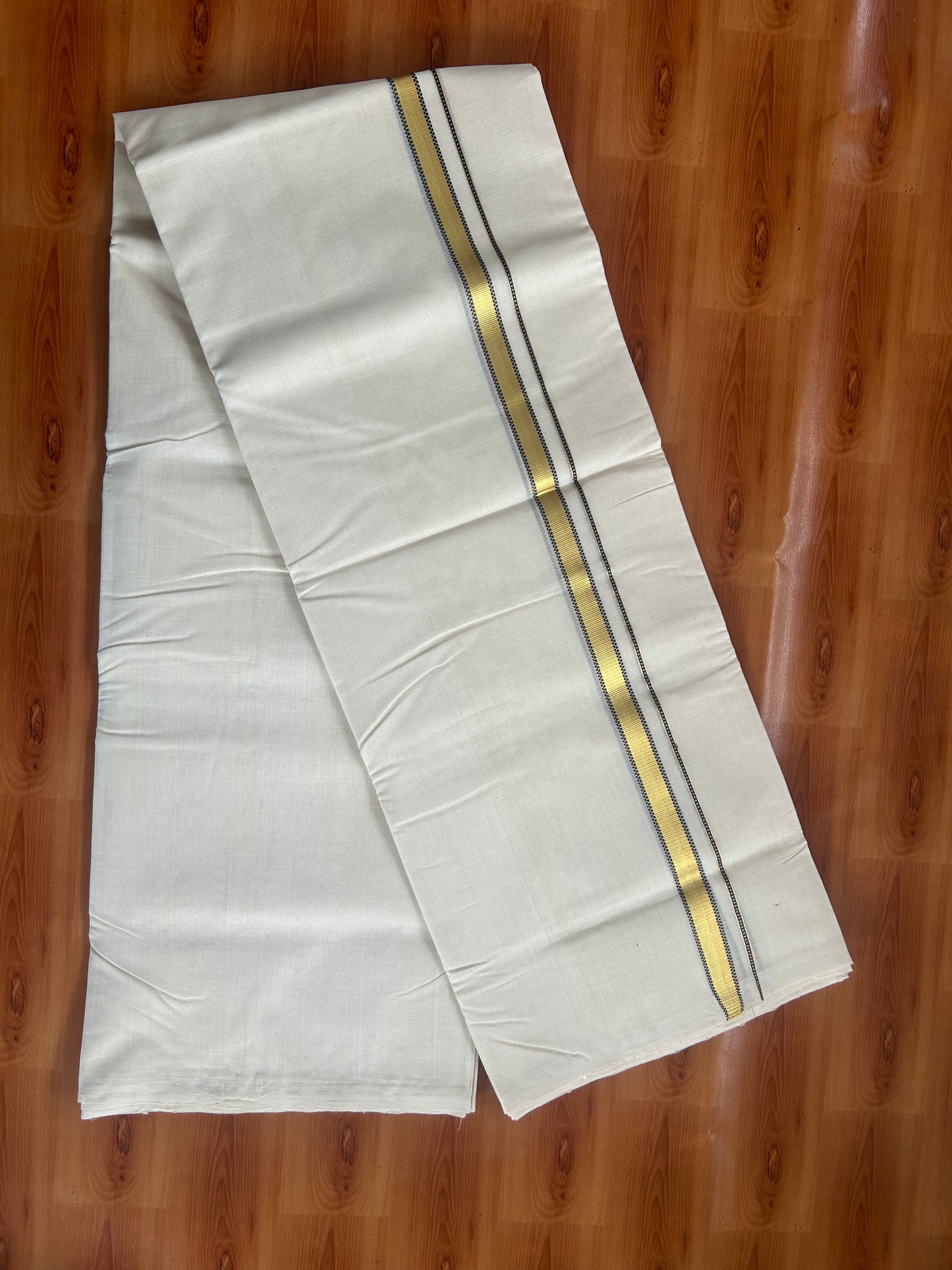 25% Discount ! KaithariKada Handloom Unakkupaav - Kerala Handloom - 100% Pure Cotton Off White Unbleached) Double Mundu/Dhoti - 100x80 - 0.5 Inch Gold Kasav & Navy Blue Muthukuri Kara 4 mtr (8.5 Muzham) - 84 KK5380 SOM