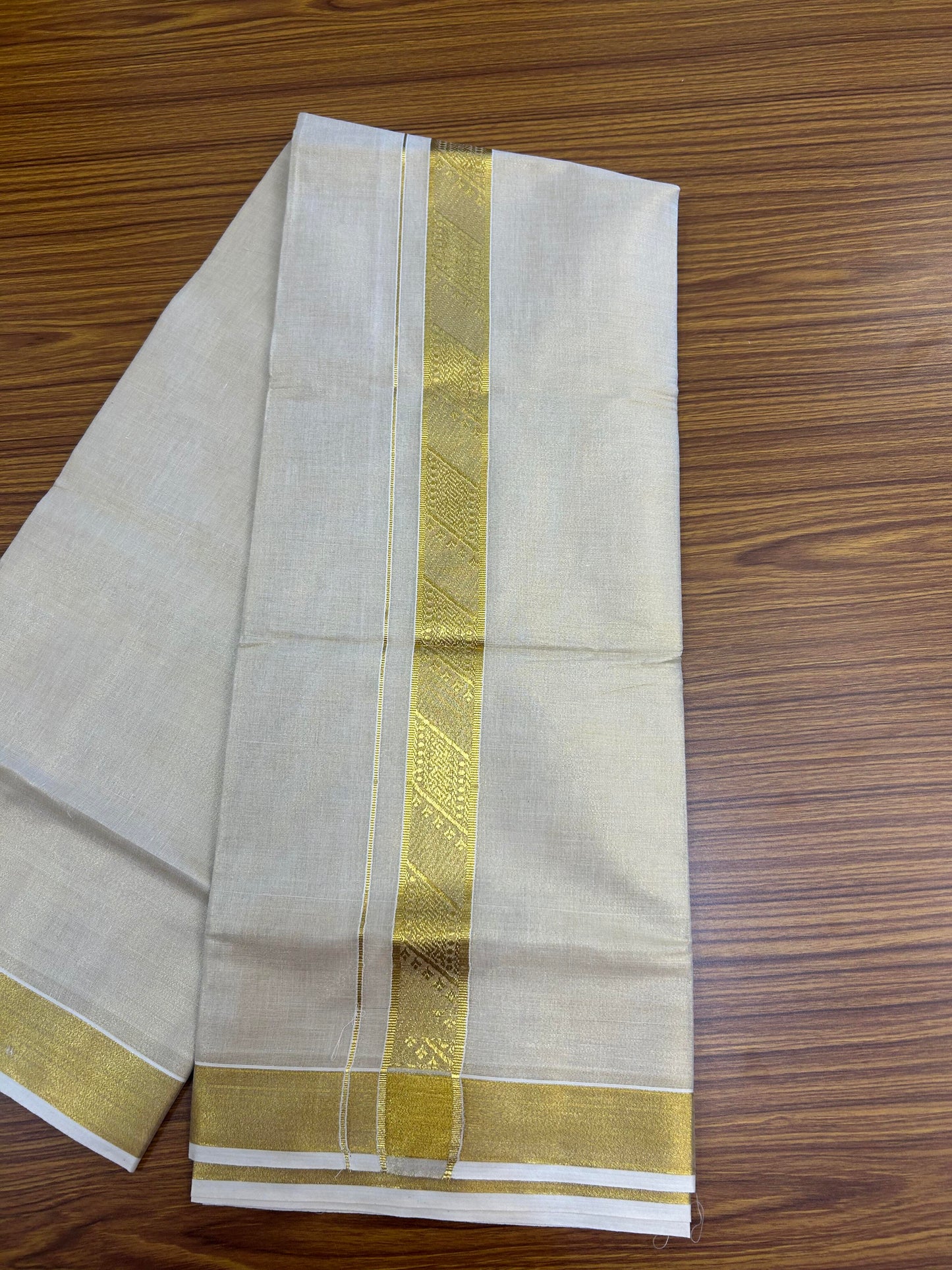 20% Discount! Kaitharikada Balaramapuram Mixed Cotton - Gold Kasav Tissue Material Double Dhoti/Mund - (60s) - 1.5 inch Gold Kasav Design kara 4 mtr (8.5 muzham) - 26 KK5362 GAN