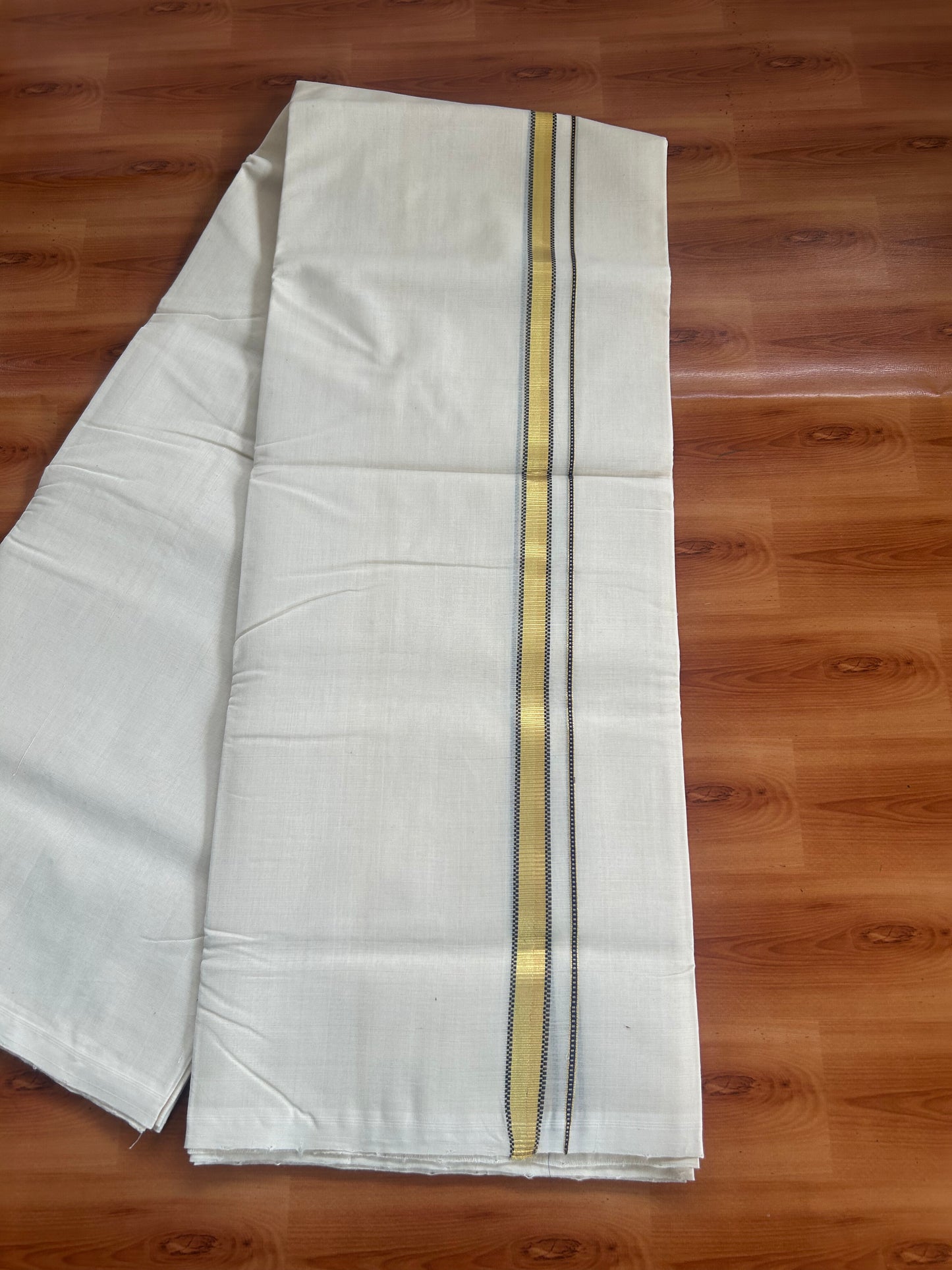 25% Discount ! KaithariKada Handloom Unakkupaav - Kerala Handloom - 100% Pure Cotton Off White Unbleached) Double Mundu/Dhoti - 100x80 - 0.5 Inch Gold Kasav & Navy Blue Muthukuri Kara 4 mtr (8.5 Muzham) - 84 KK5380 SOM