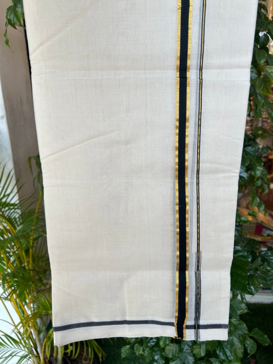 25% DISCOUNT!! KaithariKada HANDLOOM MILLPAAV Balaramapuram - 100% PURE Cotton OFF White Double - (Unbleached) Mundu/Dothi - 100x100 - 0.75 inch Black & Gold Kasavu chutty - 5KK5175RAM