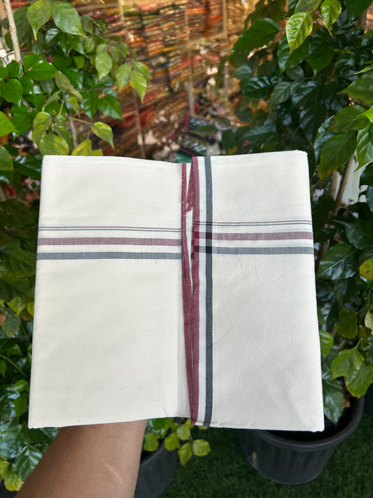 Admk Veshti - KaithariKada Balaramapuram 100% Cotton Single Off White - (Unbleached) Mundu/Dhoti-100X100 - 2 cm Maroon White & Black Kara(2 meter / 4 muzham) - 8 KK5338 ASH