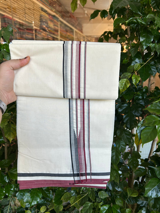 Admk Veshti- 20% Discount ! KaithariKada 100% Cotton off white Double - (Unbleached) Mundu/Dhoti - 100X100 - 1.5 inch Puliyilakkara Black White & Maroon Chutty kara - 10 KK5338 ASH