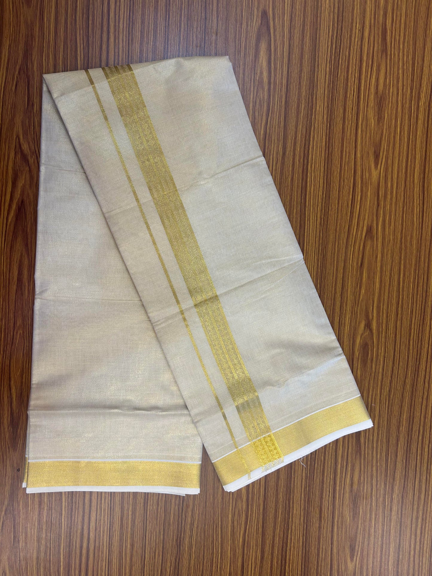 20% Discount! Kaitharikada Balaramapuram Mixed Cotton - Gold Kasav Tissue Material Double Dhoti/Mund - (60s) - 1.5 inch Gold Kasav Design kara 4 mtr (8.5 muzham) - 27 KK5362 GAN