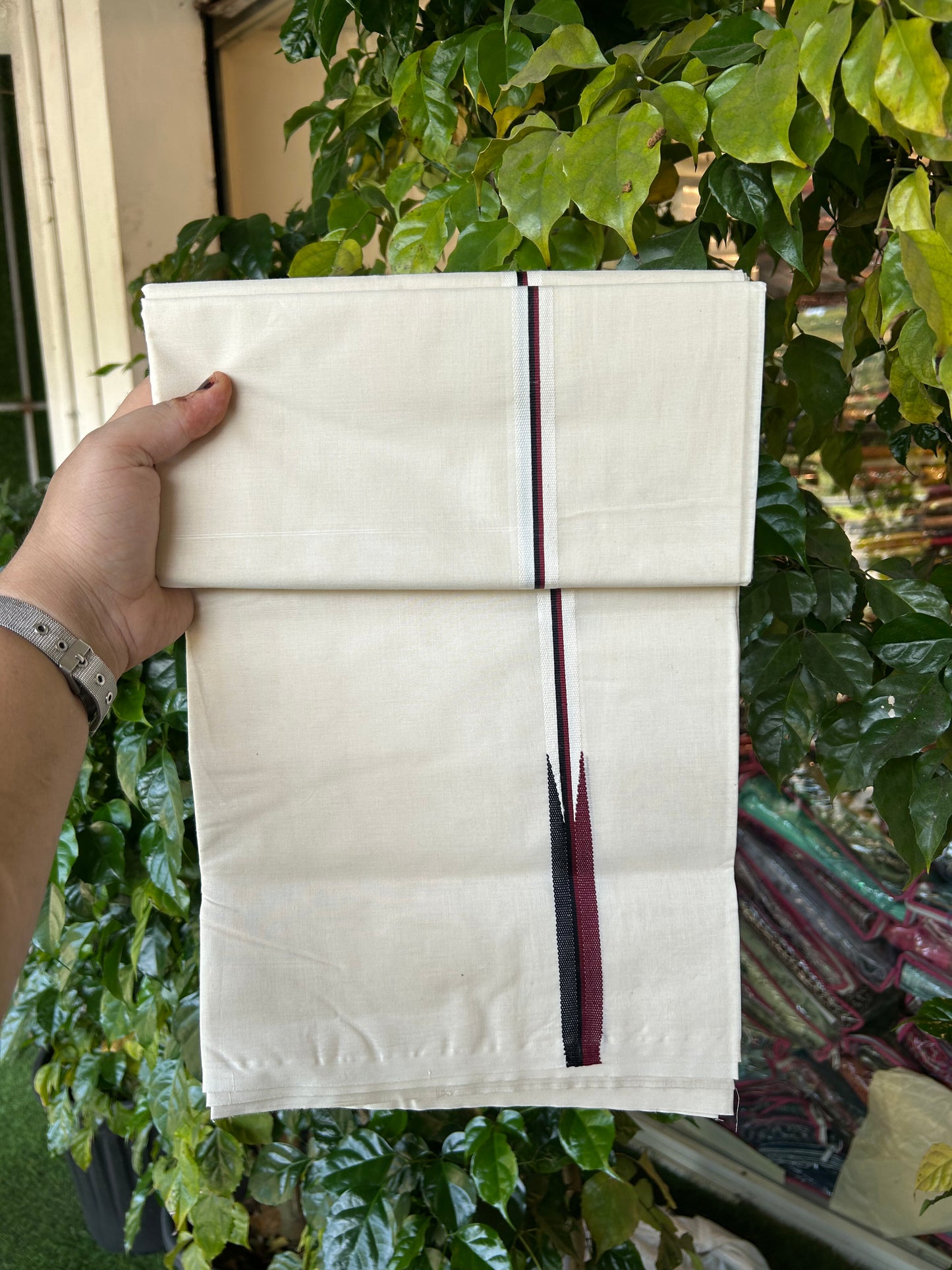 Dmk Veshti - 20% Discount! KaithariKada 100% Cotton Off White Double - (Unbleached) Mundu/Dhoti - 100X100 - 0.75 inch Puliyilakkara Black & Maroon Chutty kara - 11 KK5338 ASH